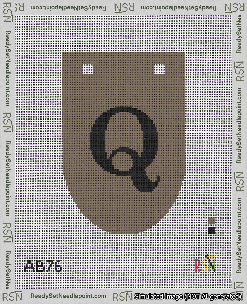 A taped needlepoint canvas with the design: Banner 18 mesh count Rounded Q Black on Brown.