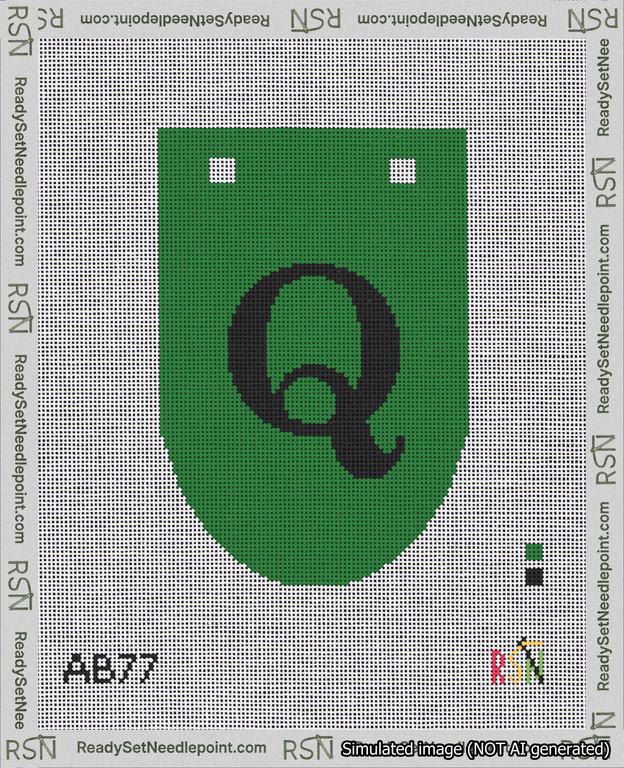 A taped needlepoint canvas with the design: Banner 18 mesh count Rounded Q Black on Green.