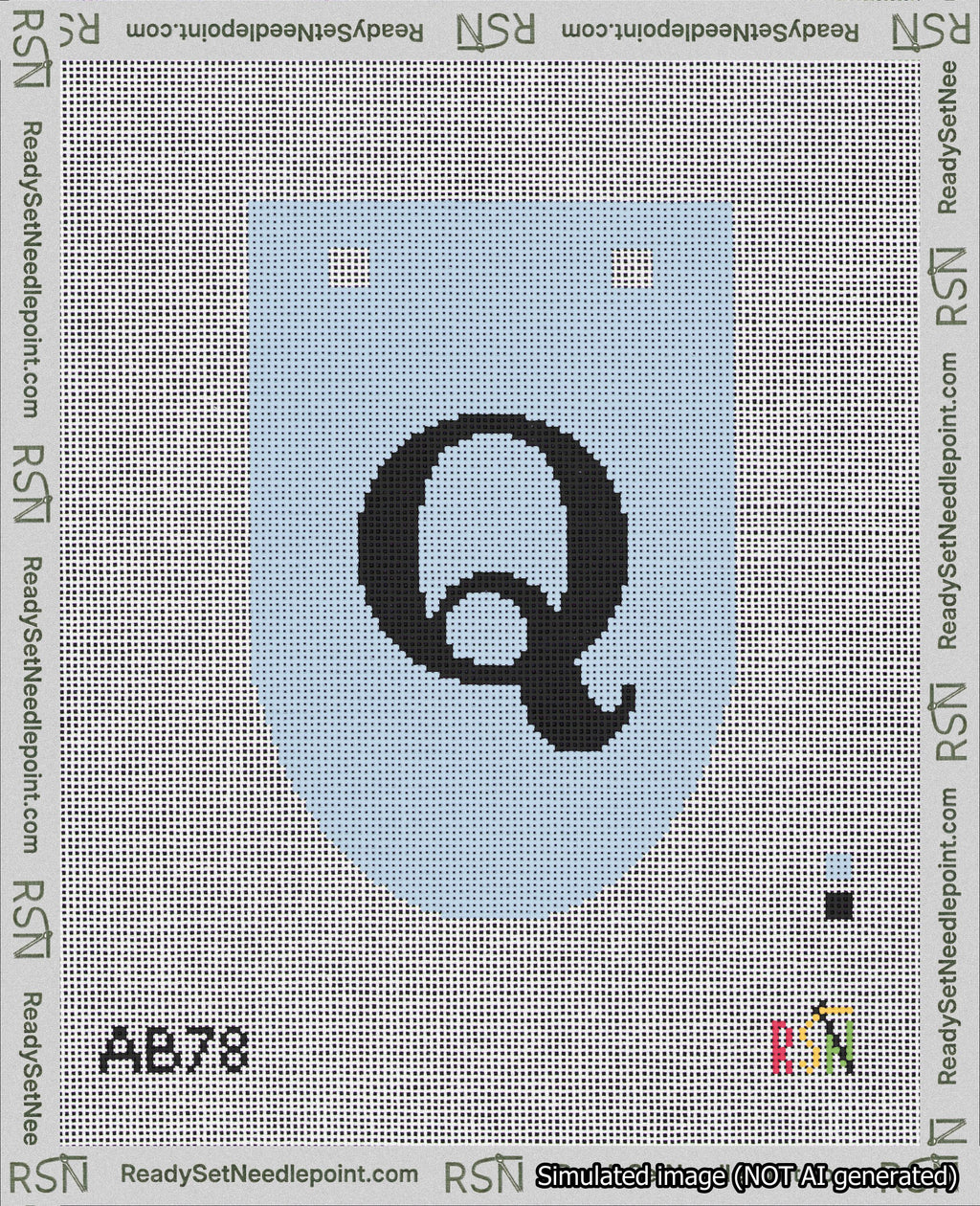 A taped needlepoint canvas with the design: Banner 18 mesh count Rounded Q Black on Light Blue.