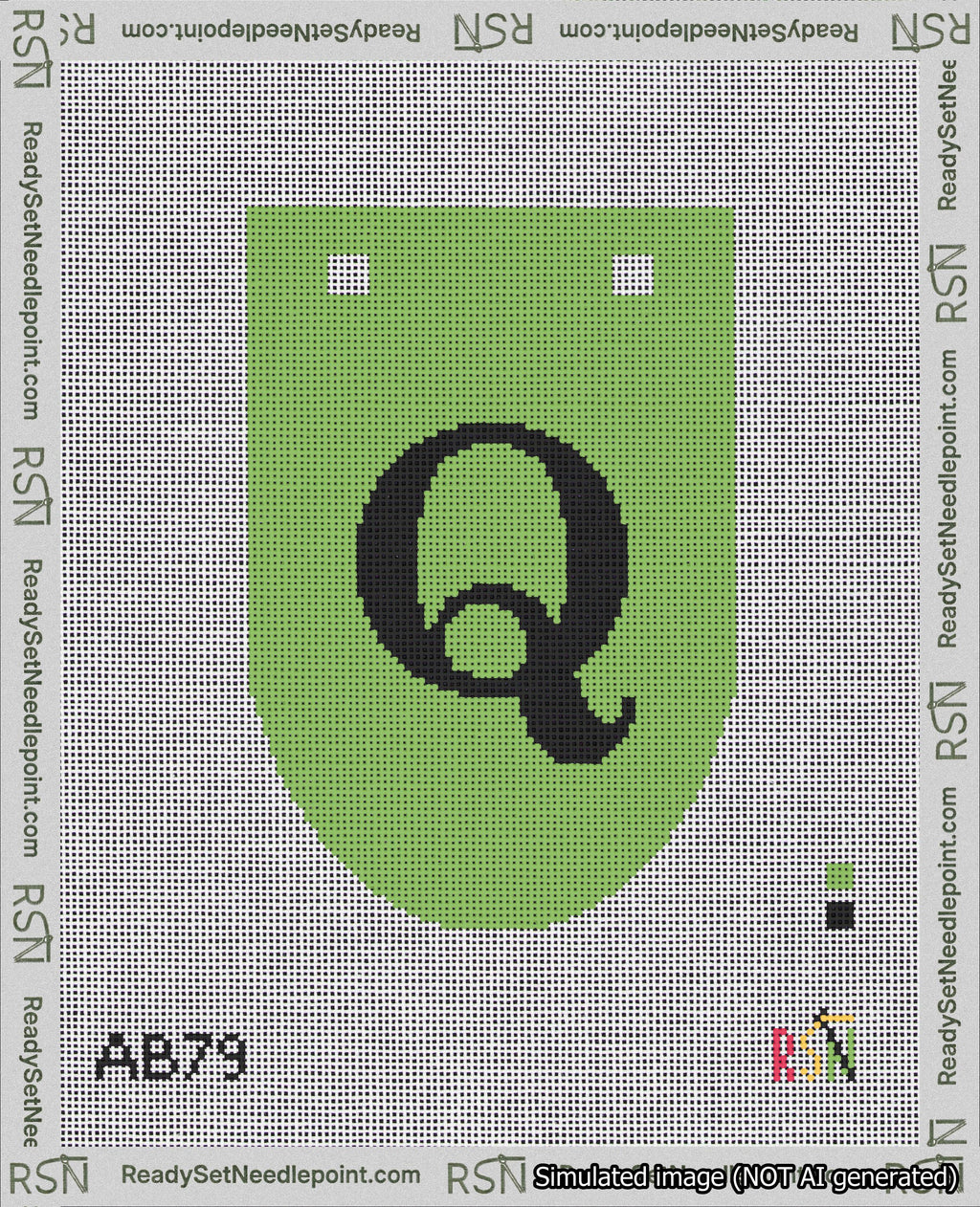 A taped needlepoint canvas with the design: Banner 18 mesh count Rounded Q Black on Light Green.