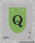 A taped needlepoint canvas with the design: Banner 18 mesh count Rounded Q Black on Light Green.
