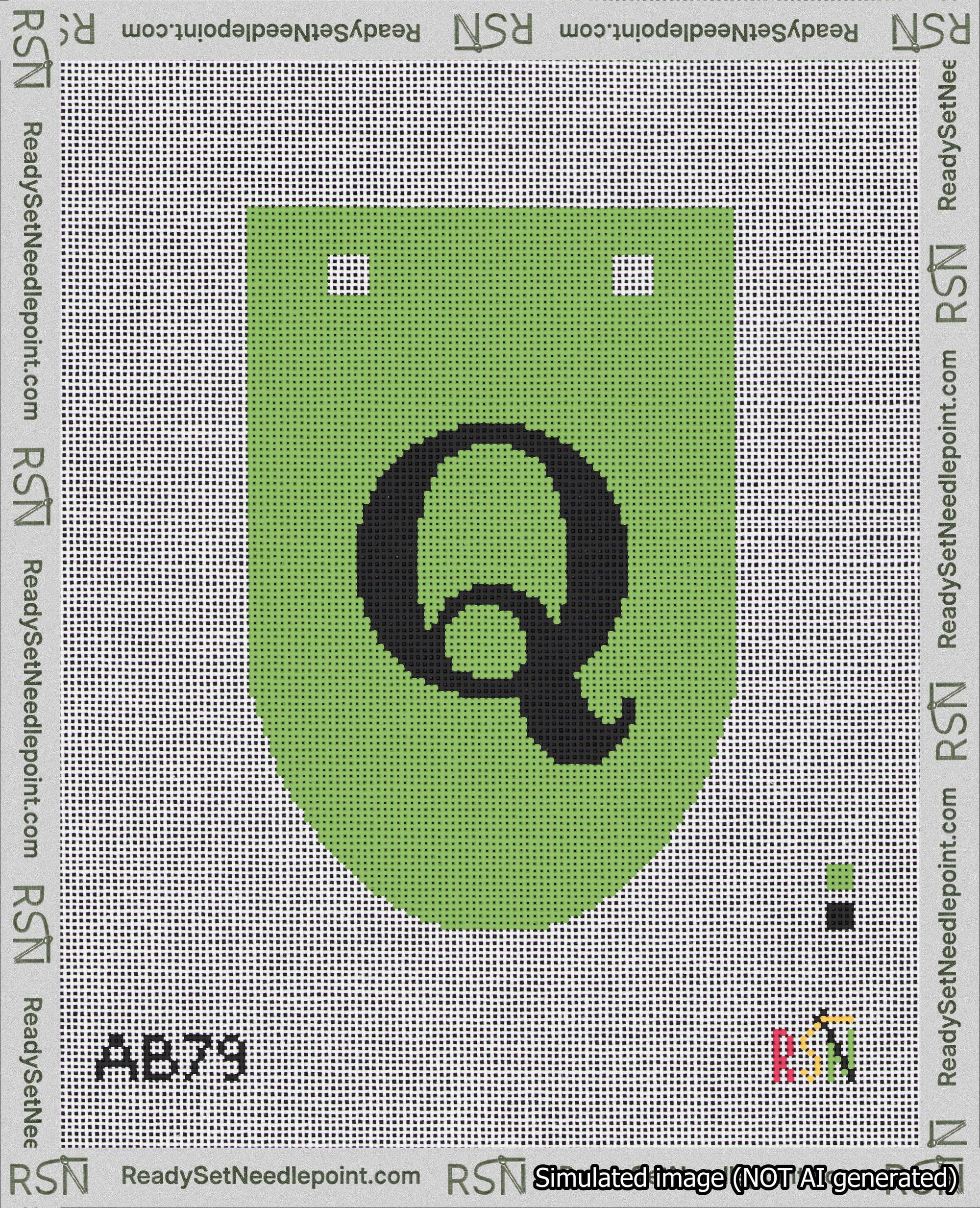 A taped needlepoint canvas with the design: Banner 18 mesh count Rounded Q Black on Light Green.