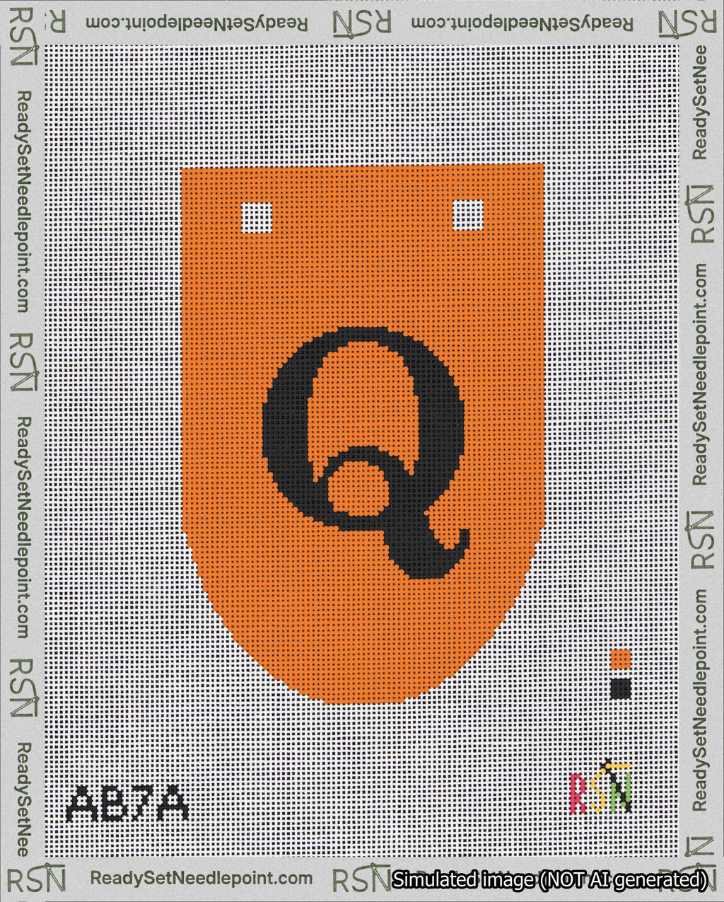 A taped needlepoint canvas with the design: Banner 18 mesh count Rounded Q Black on Orange.
