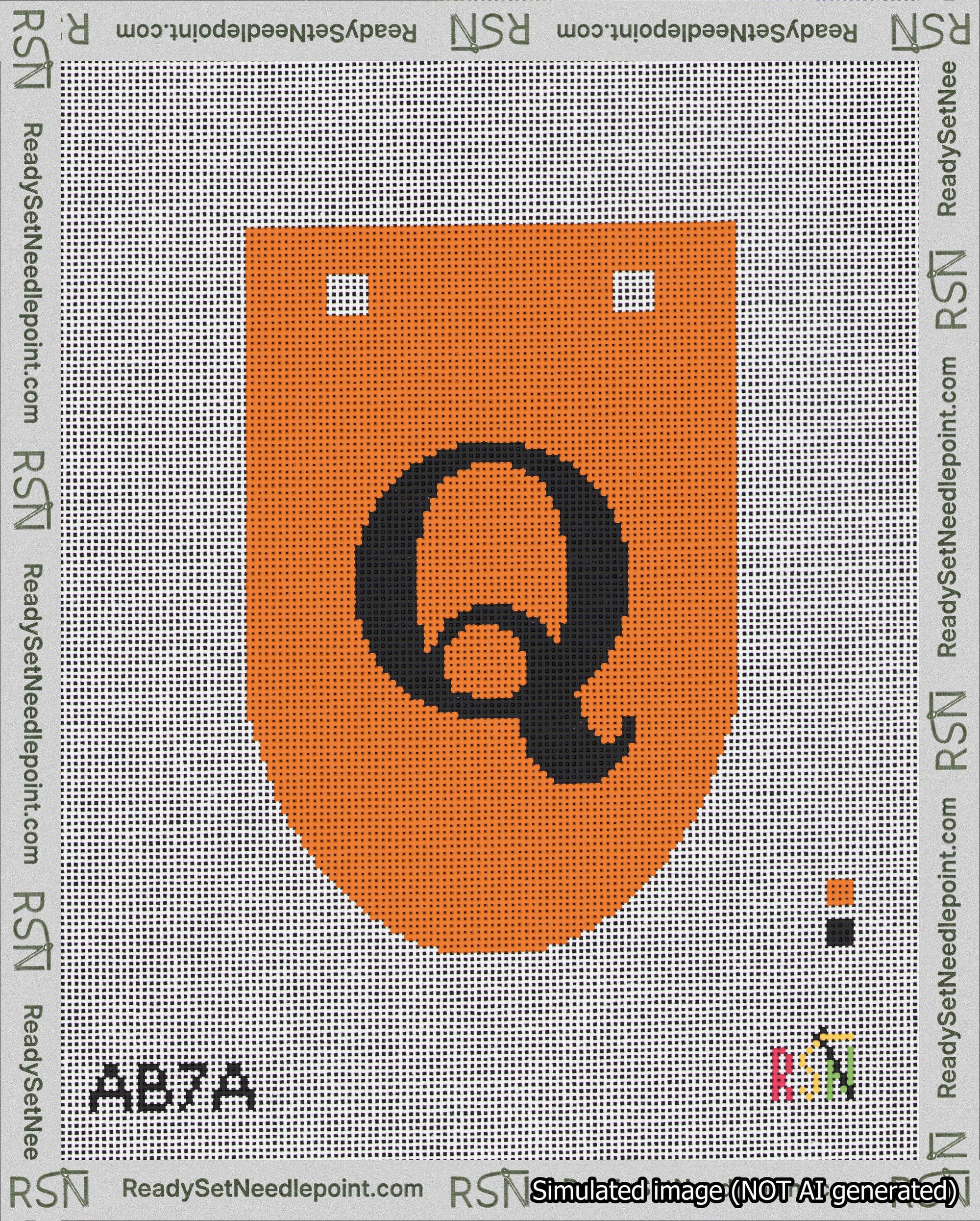 A taped needlepoint canvas with the design: Banner 18 mesh count Rounded Q Black on Orange.