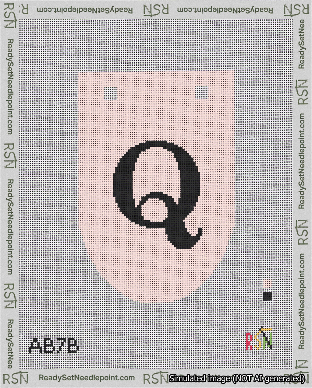 A taped needlepoint canvas with the design: Banner 18 mesh count Rounded Q Black on Pink.