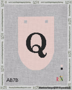 A taped needlepoint canvas with the design: Banner 18 mesh count Rounded Q Black on Pink.