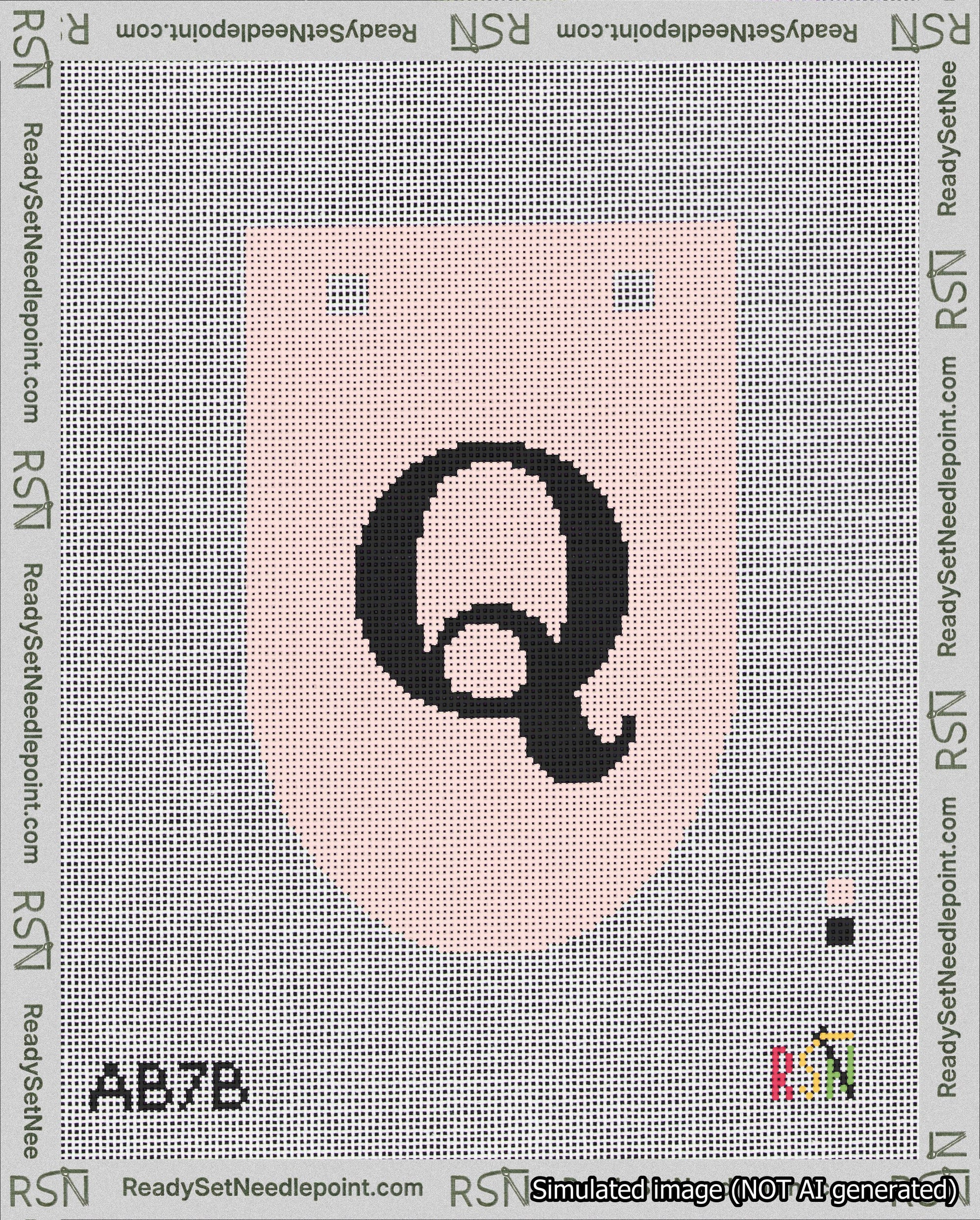 A taped needlepoint canvas with the design: Banner 18 mesh count Rounded Q Black on Pink.