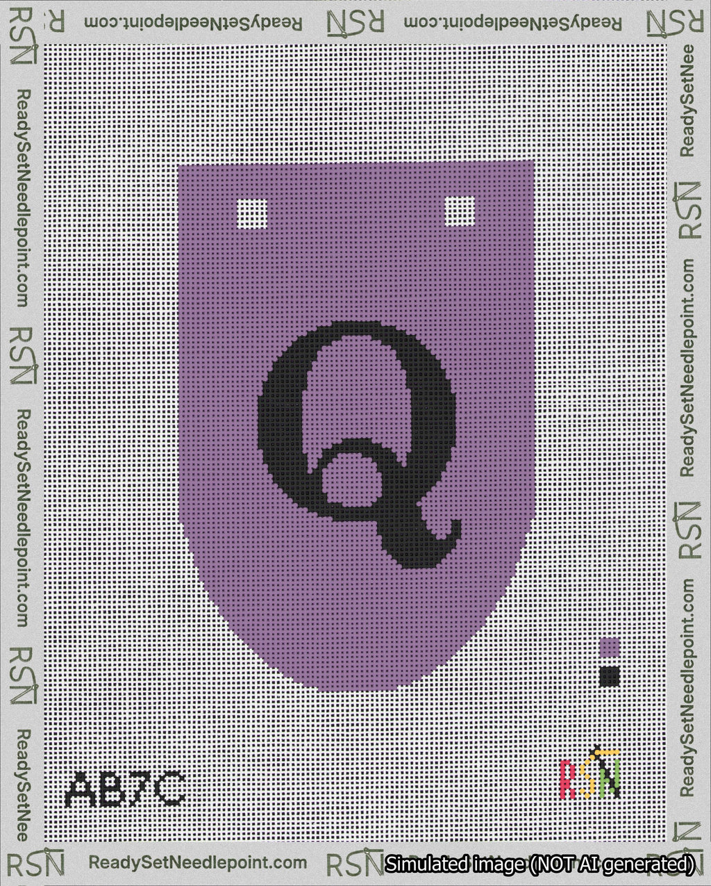 A taped needlepoint canvas with the design: Banner 18 mesh count Rounded Q Black on Purple.