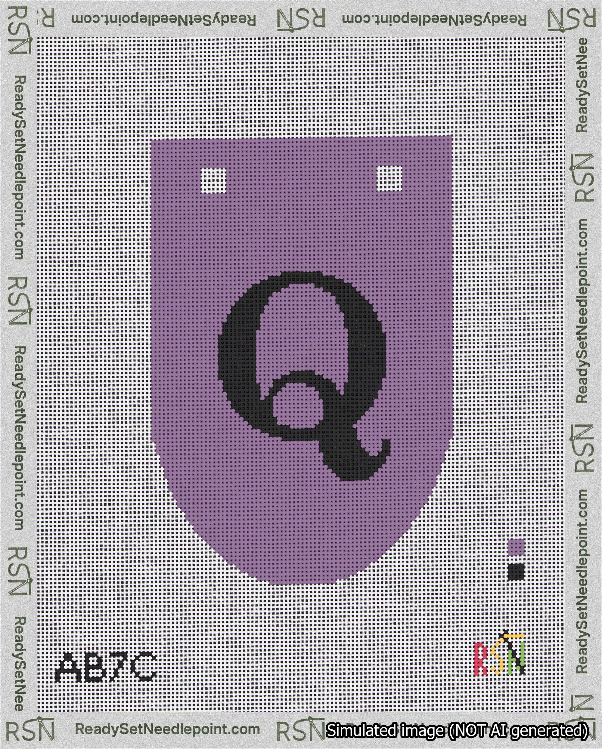 A taped needlepoint canvas with the design: Banner 18 mesh count Rounded Q Black on Purple.