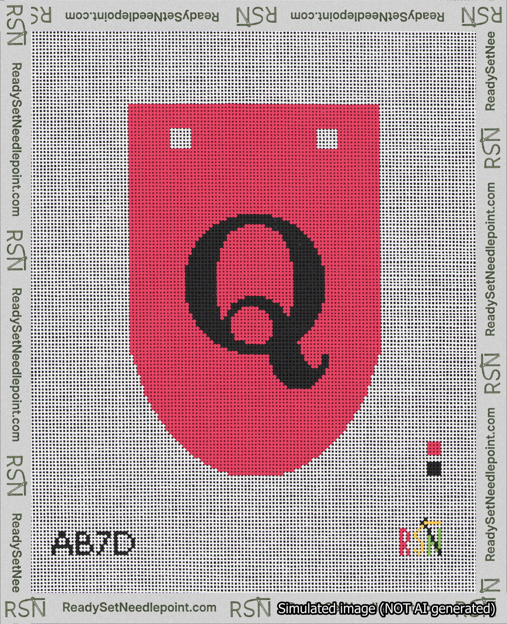 A taped needlepoint canvas with the design: Banner 18 mesh count Rounded Q Black on Red.