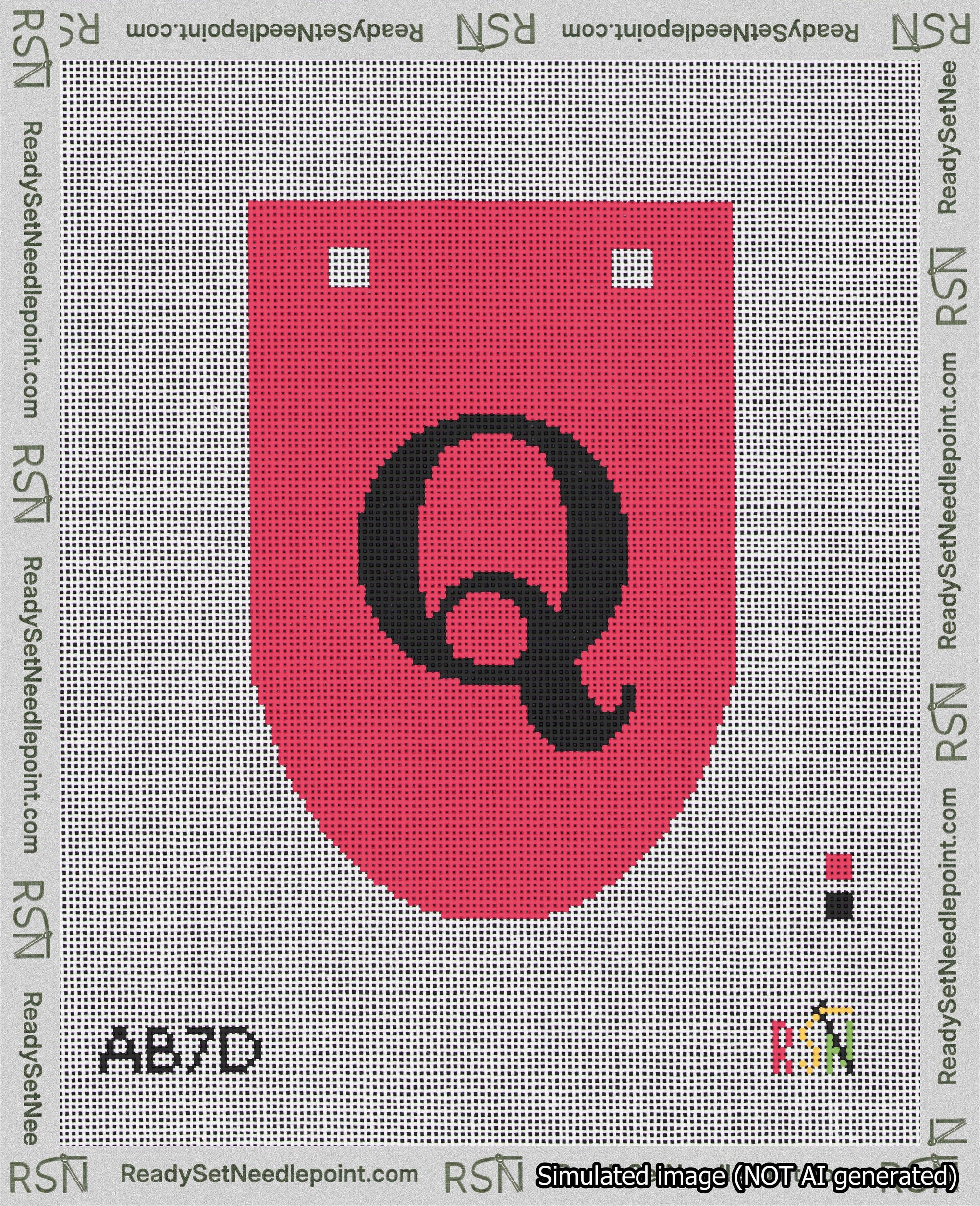A taped needlepoint canvas with the design: Banner 18 mesh count Rounded Q Black on Red.