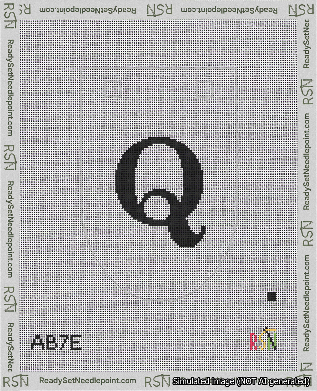 A taped needlepoint canvas with the design: Banner 18 mesh count Rounded Q Black on White.