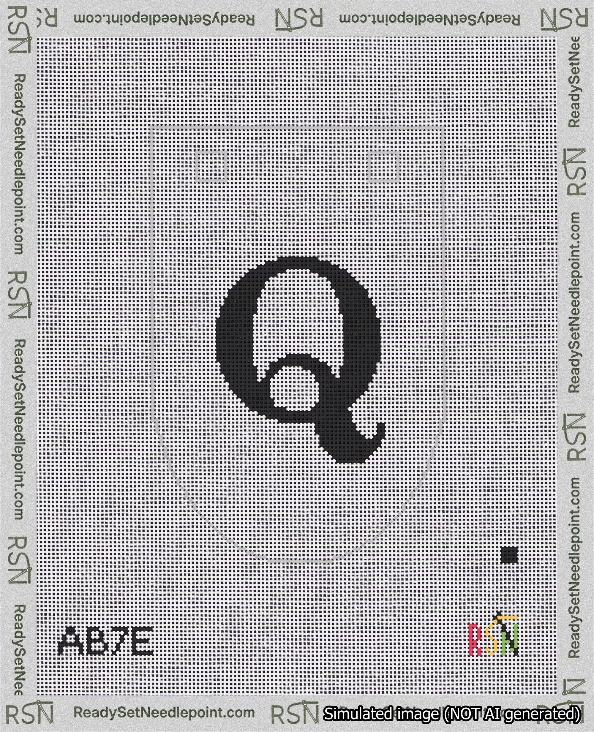 A taped needlepoint canvas with the design: Banner 18 mesh count Rounded Q Black on White.