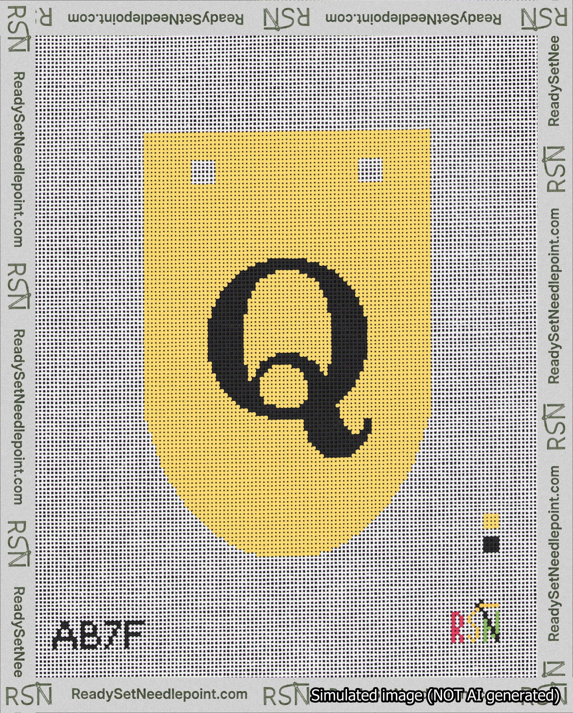 A taped needlepoint canvas with the design: Banner 18 mesh count Rounded Q Black on Yellow.