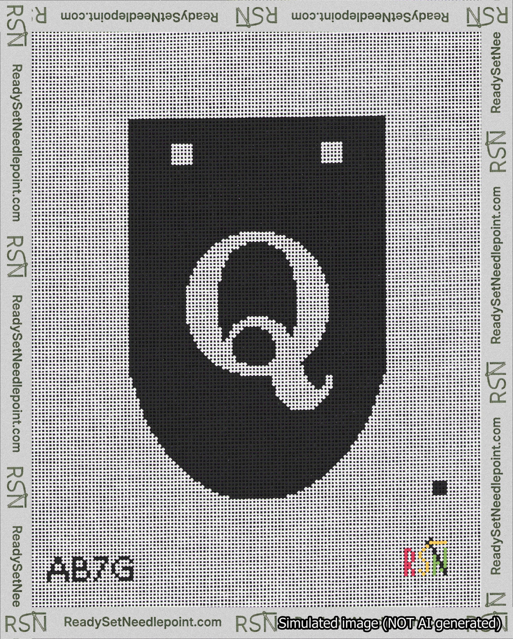 A taped needlepoint canvas with the design: Banner 18 mesh count Rounded Q White on Black.