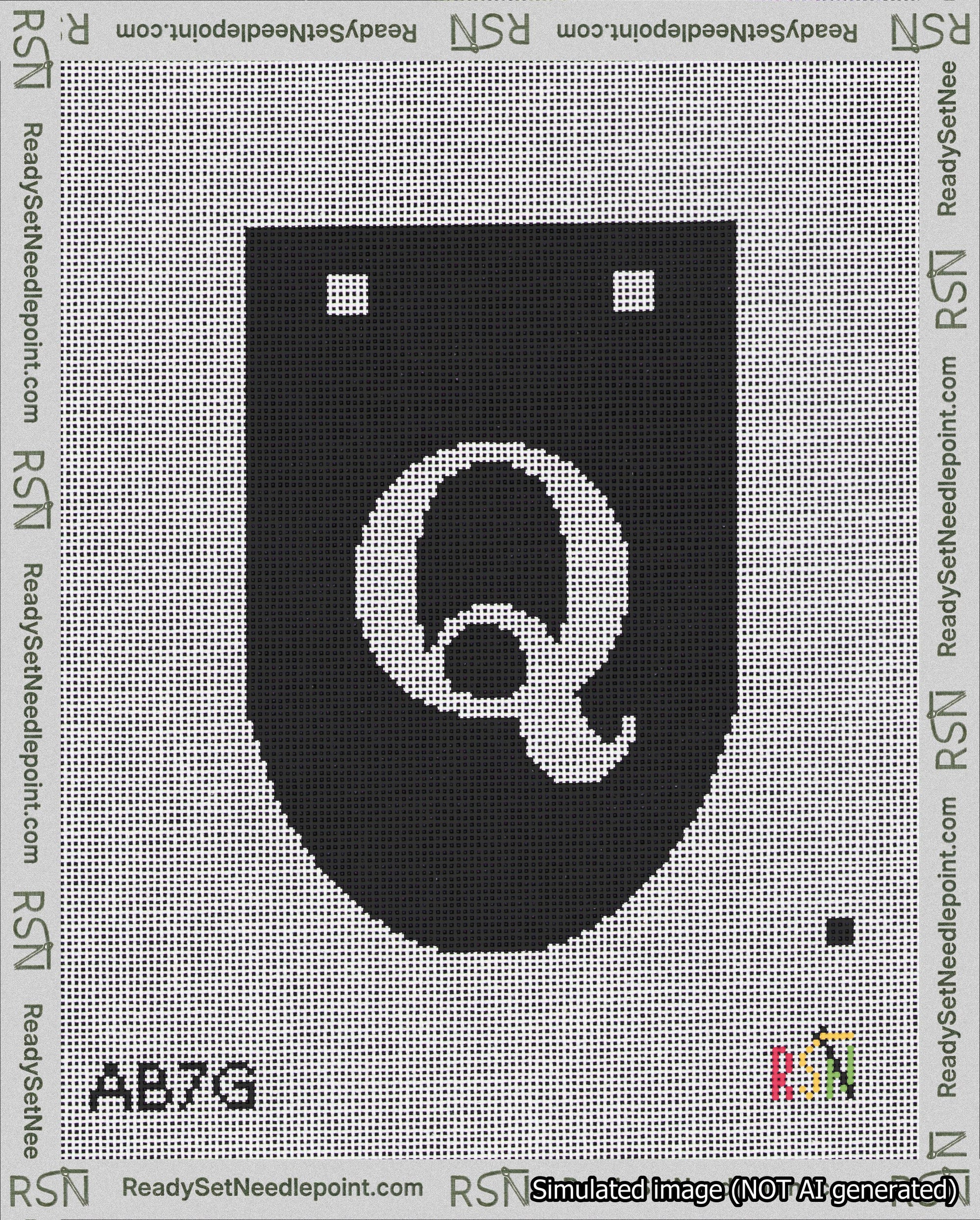 A taped needlepoint canvas with the design: Banner 18 mesh count Rounded Q White on Black.