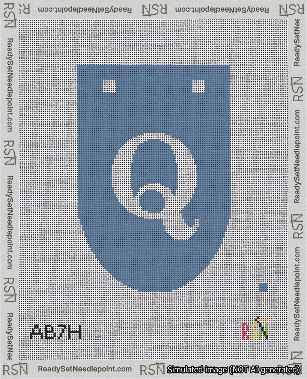 A taped needlepoint canvas with the design: Banner 18 mesh count Rounded Q White on Blue.