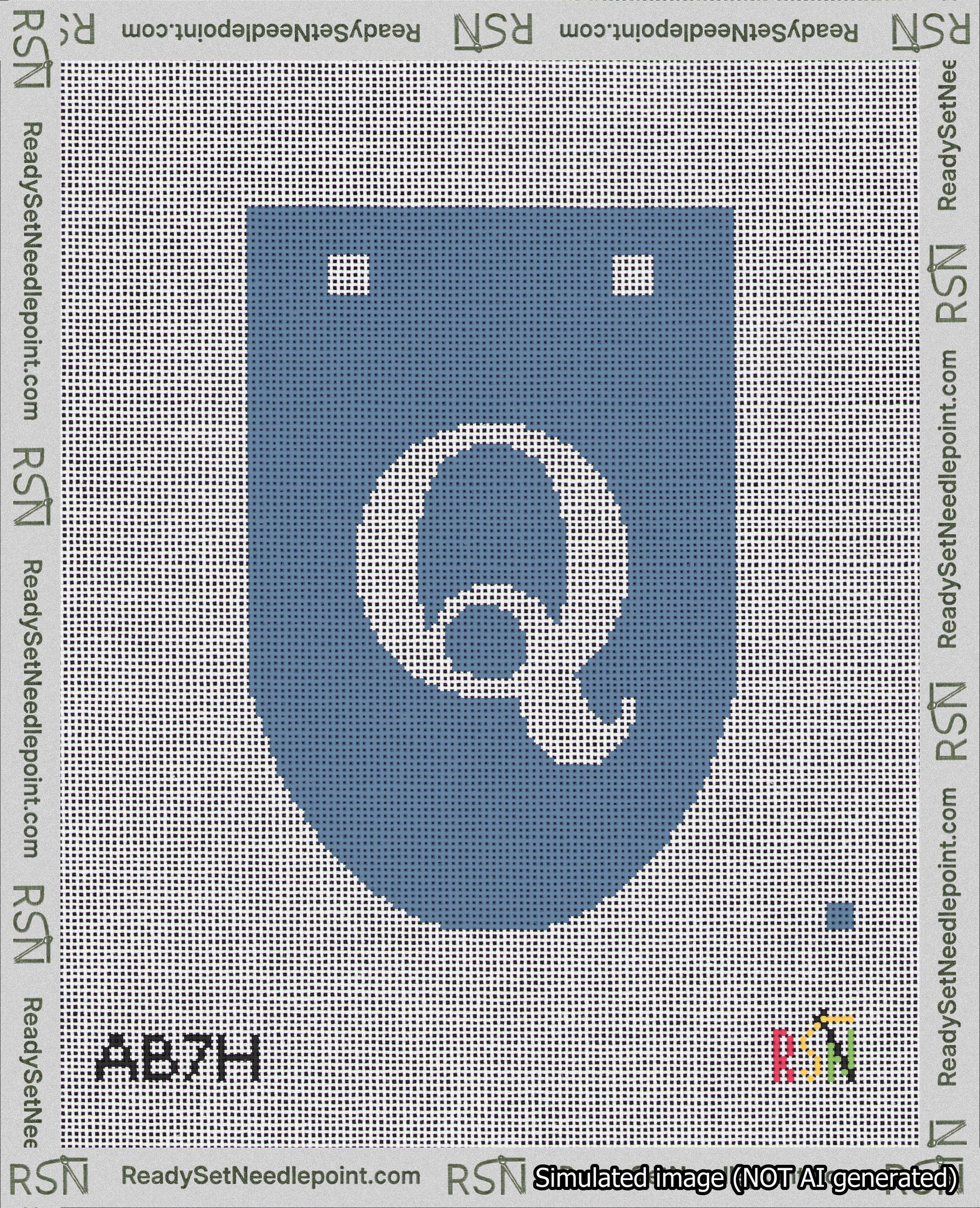 A taped needlepoint canvas with the design: Banner 18 mesh count Rounded Q White on Blue.