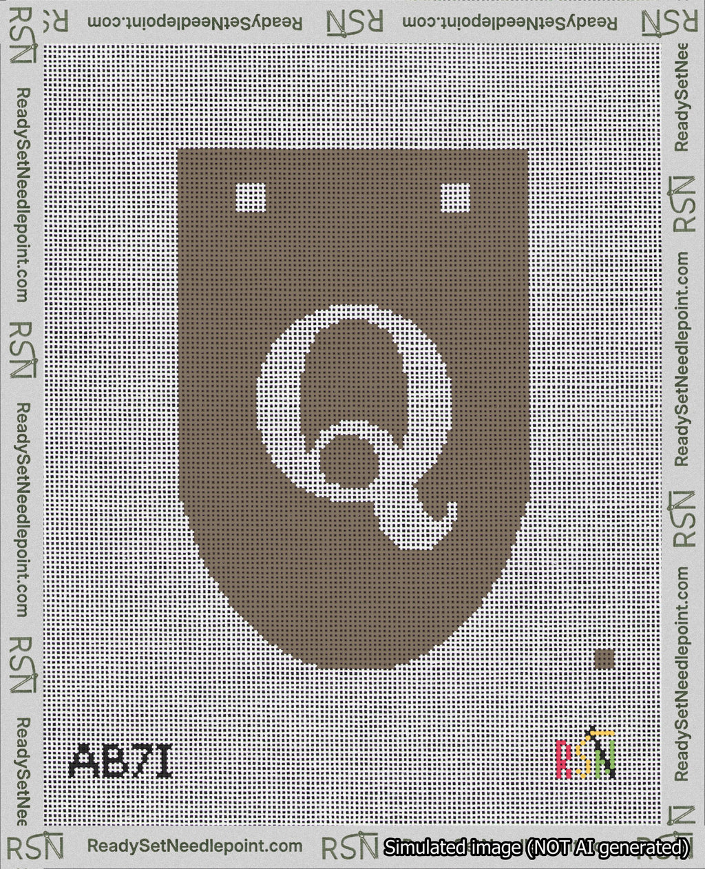 A taped needlepoint canvas with the design: Banner 18 mesh count Rounded Q White on Brown.
