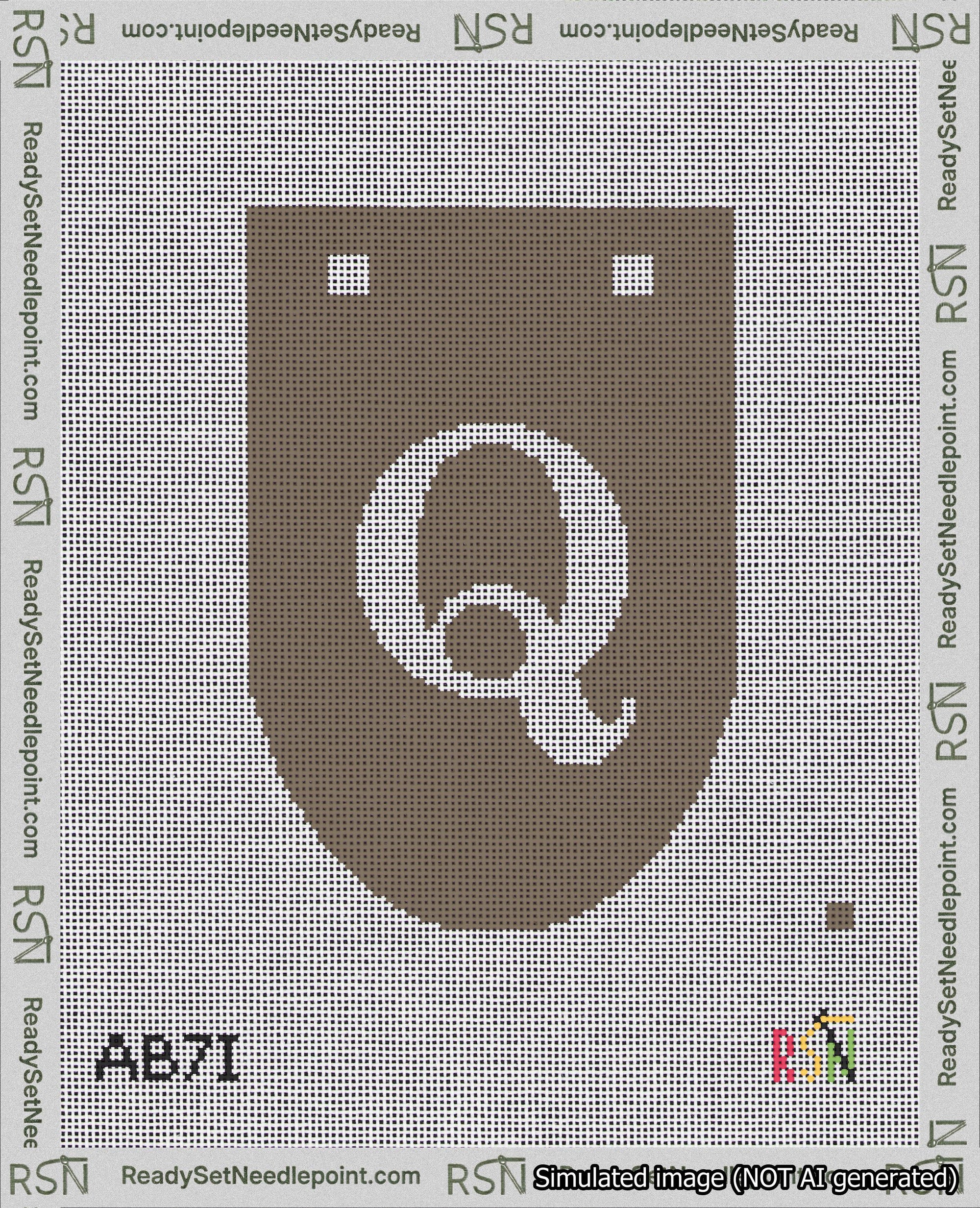 A taped needlepoint canvas with the design: Banner 18 mesh count Rounded Q White on Brown.