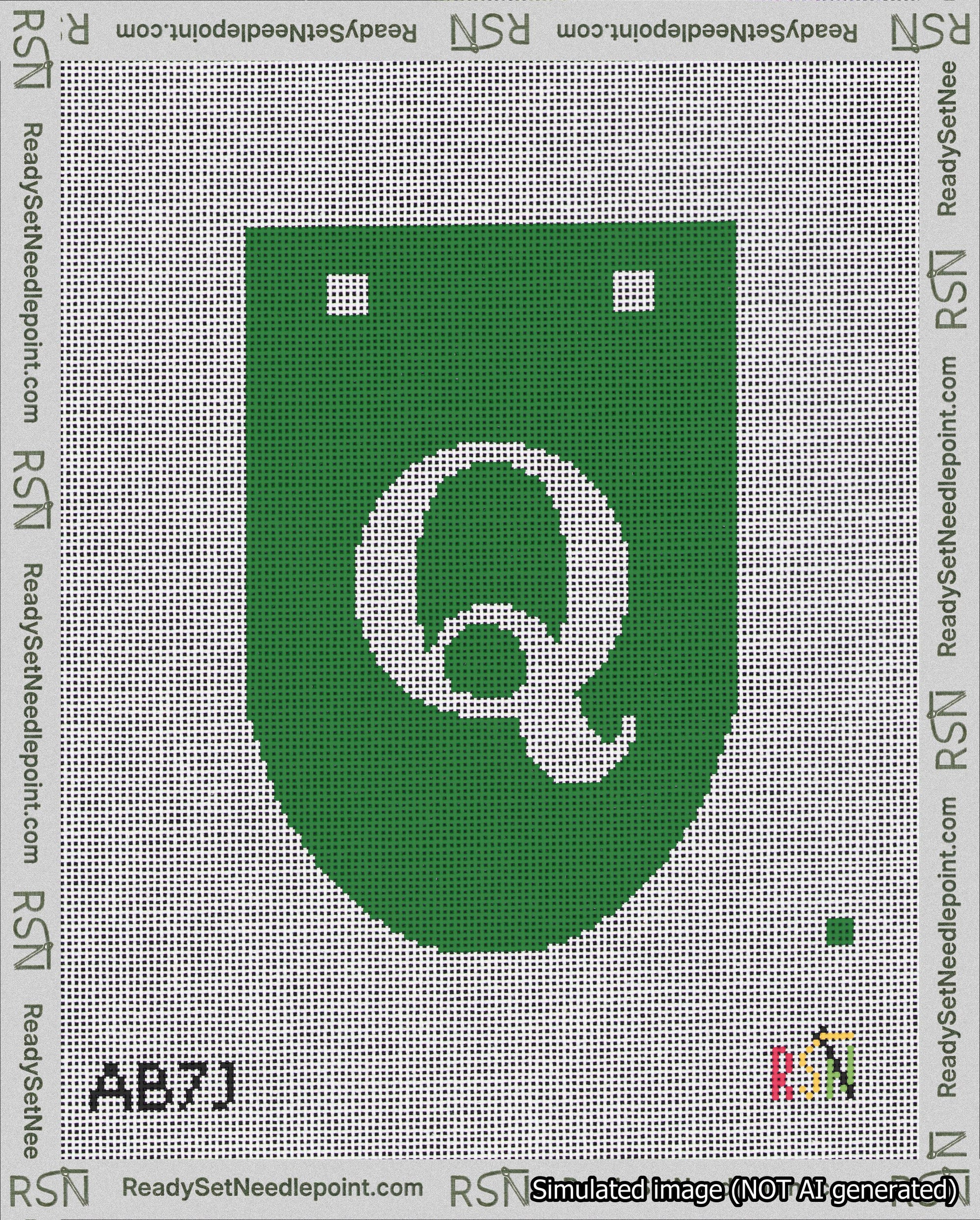 A taped needlepoint canvas with the design: Banner 18 mesh count Rounded Q White on Green.