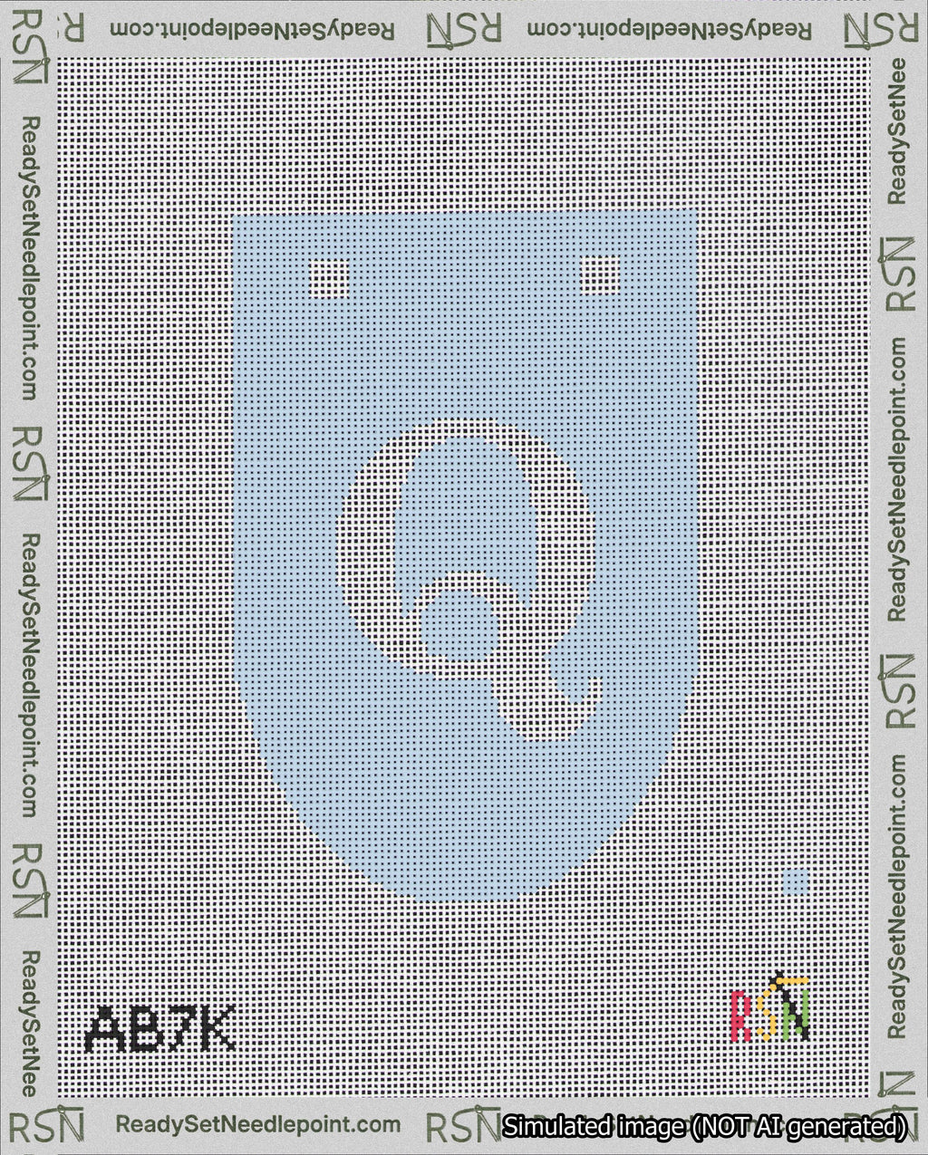 A taped needlepoint canvas with the design: Banner 18 mesh count Rounded Q White on Light Blue.