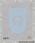 A taped needlepoint canvas with the design: Banner 18 mesh count Rounded Q White on Light Blue.