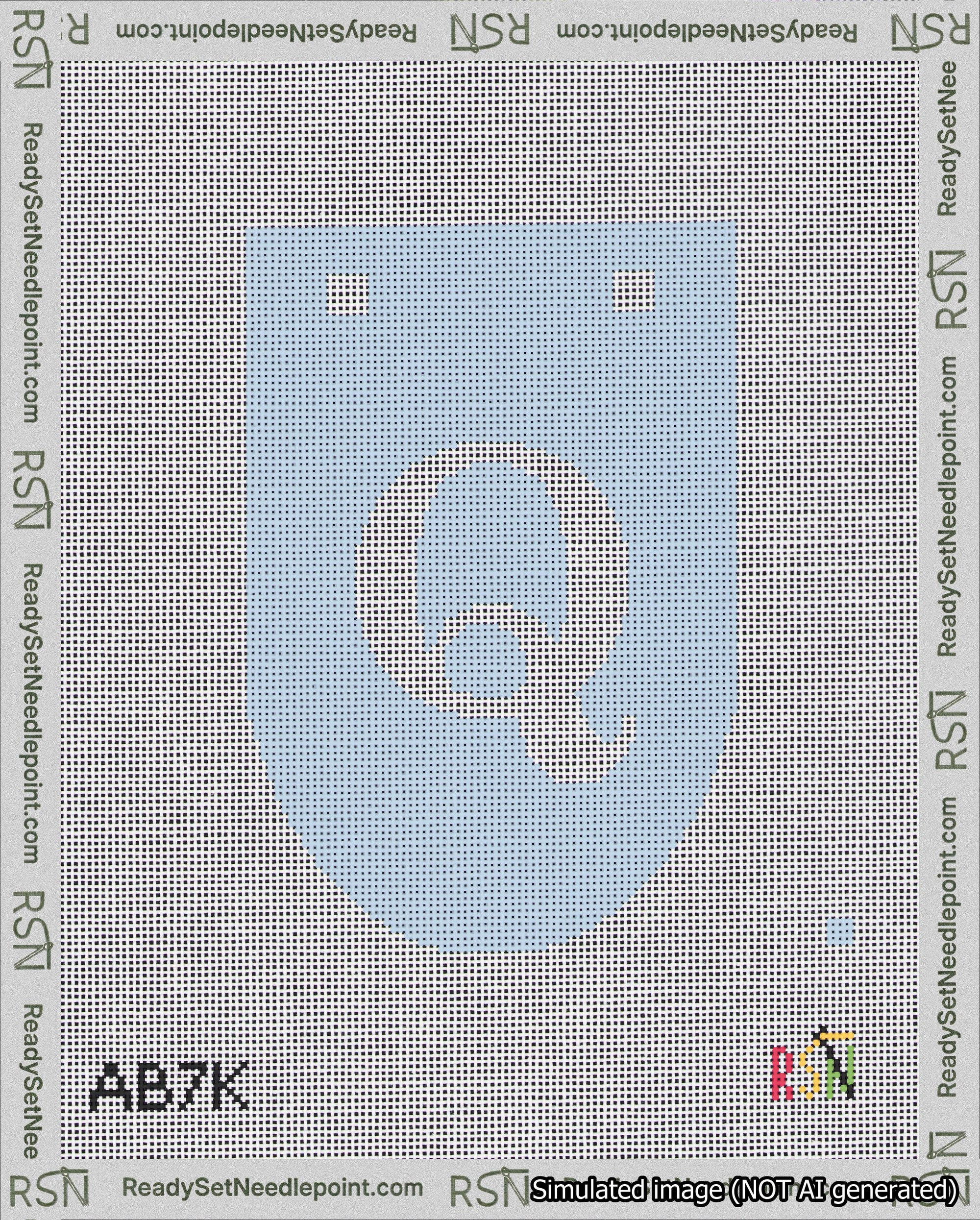 A taped needlepoint canvas with the design: Banner 18 mesh count Rounded Q White on Light Blue.