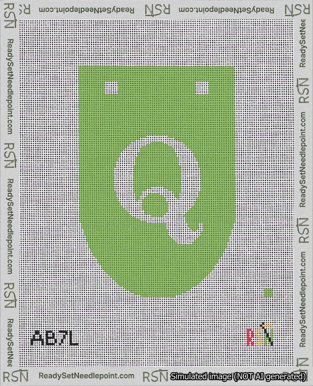 A taped needlepoint canvas with the design: Banner 18 mesh count Rounded Q White on Light Green.