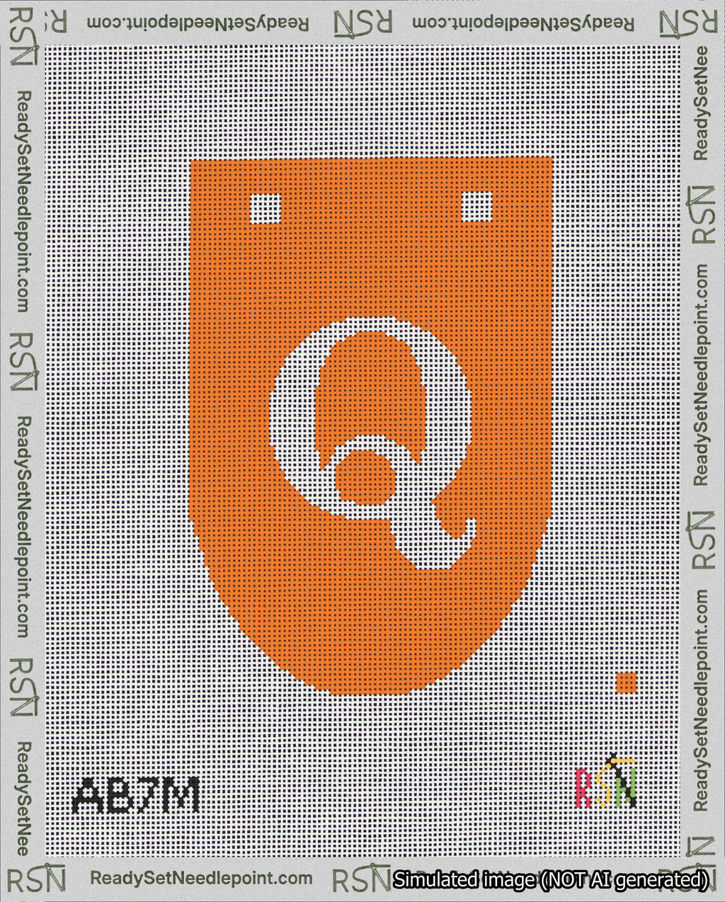 A taped needlepoint canvas with the design: Banner 18 mesh count Rounded Q White on Orange.