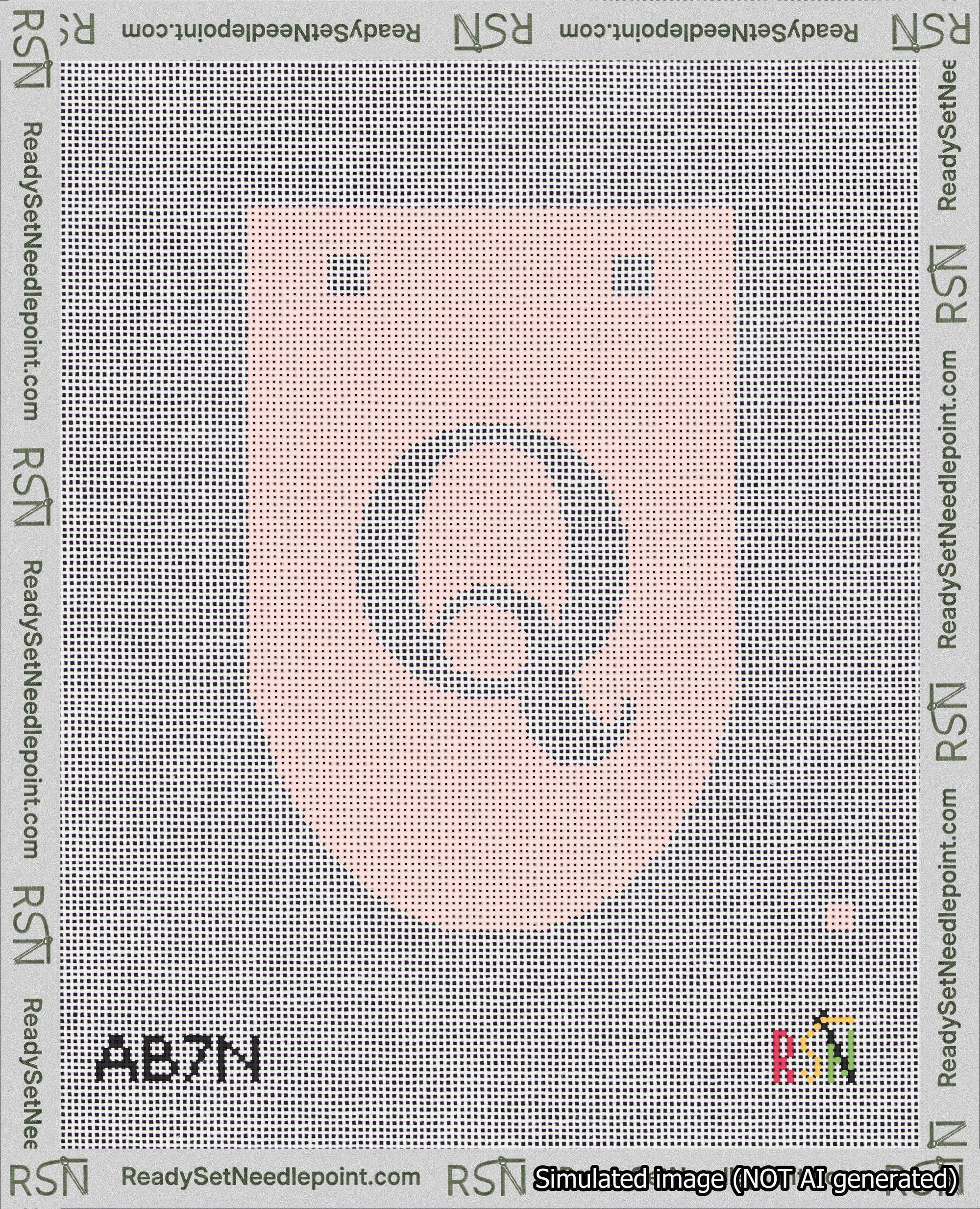 A taped needlepoint canvas with the design: Banner 18 mesh count Rounded Q White on Pink.