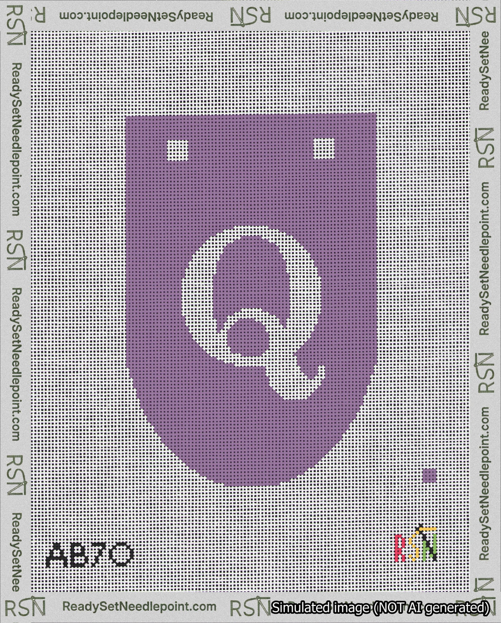A taped needlepoint canvas with the design: Banner 18 mesh count Rounded Q White on Purple.