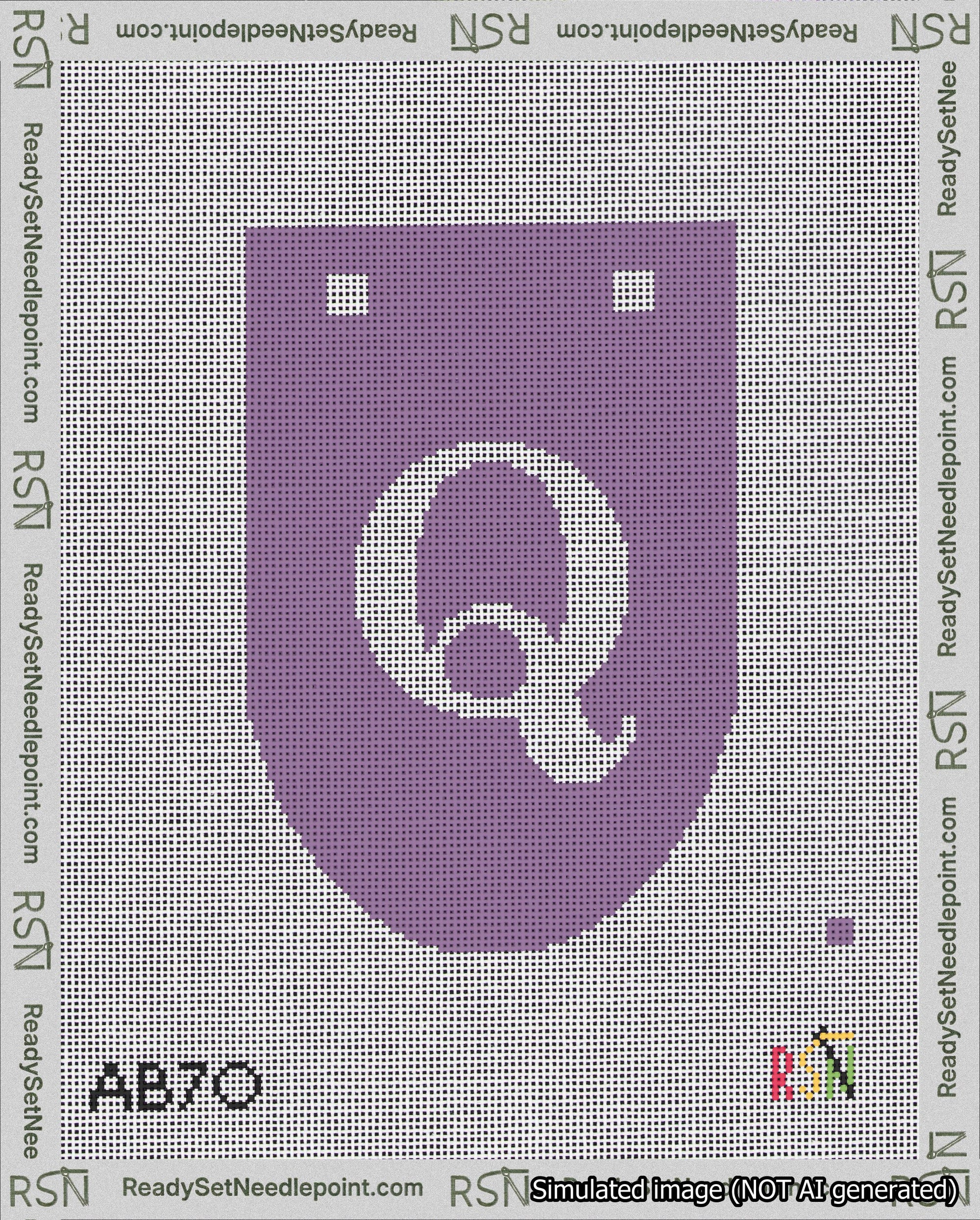 A taped needlepoint canvas with the design: Banner 18 mesh count Rounded Q White on Purple.