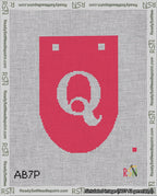 A taped needlepoint canvas with the design: Banner 18 mesh count Rounded Q White on Red.