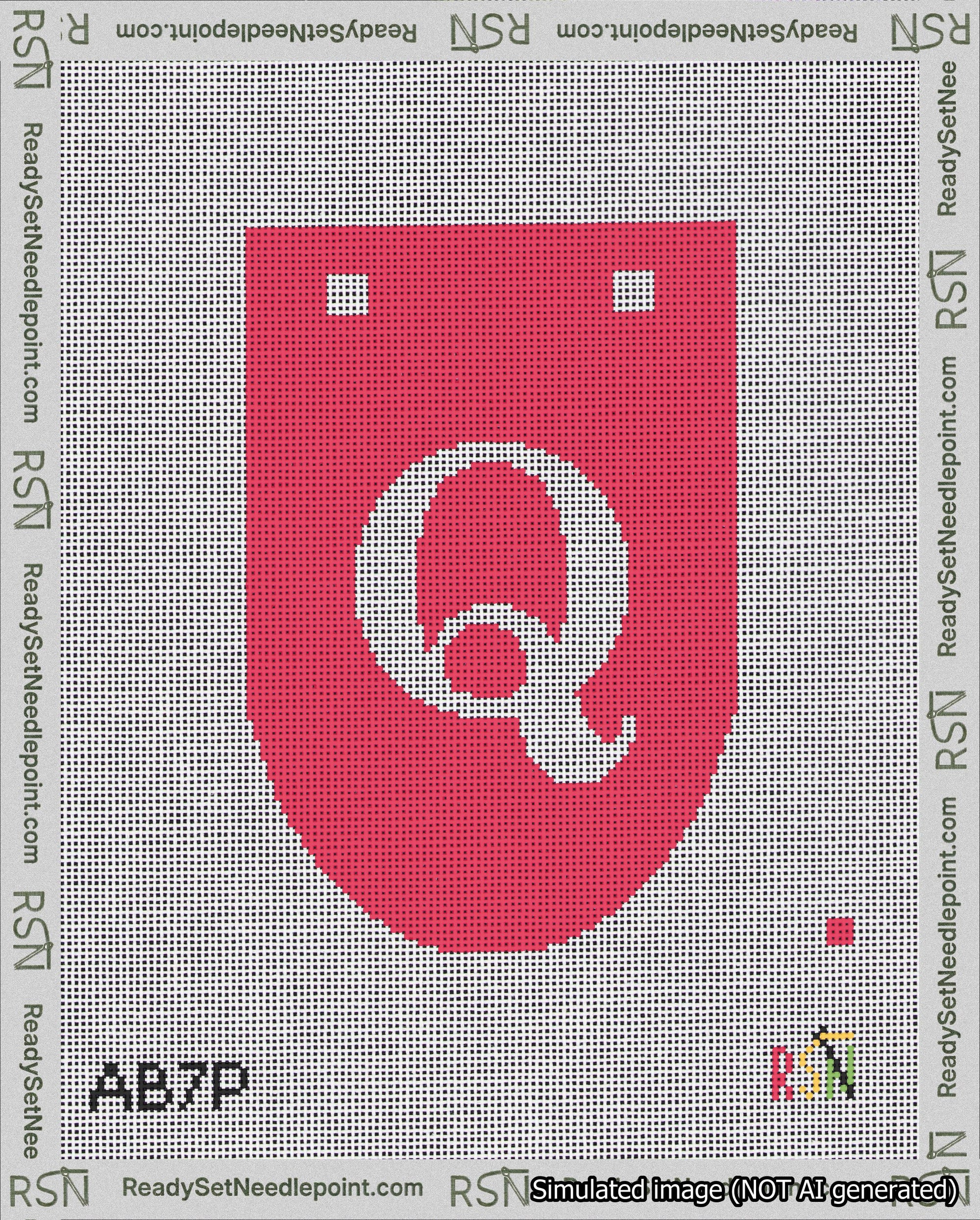 A taped needlepoint canvas with the design: Banner 18 mesh count Rounded Q White on Red.