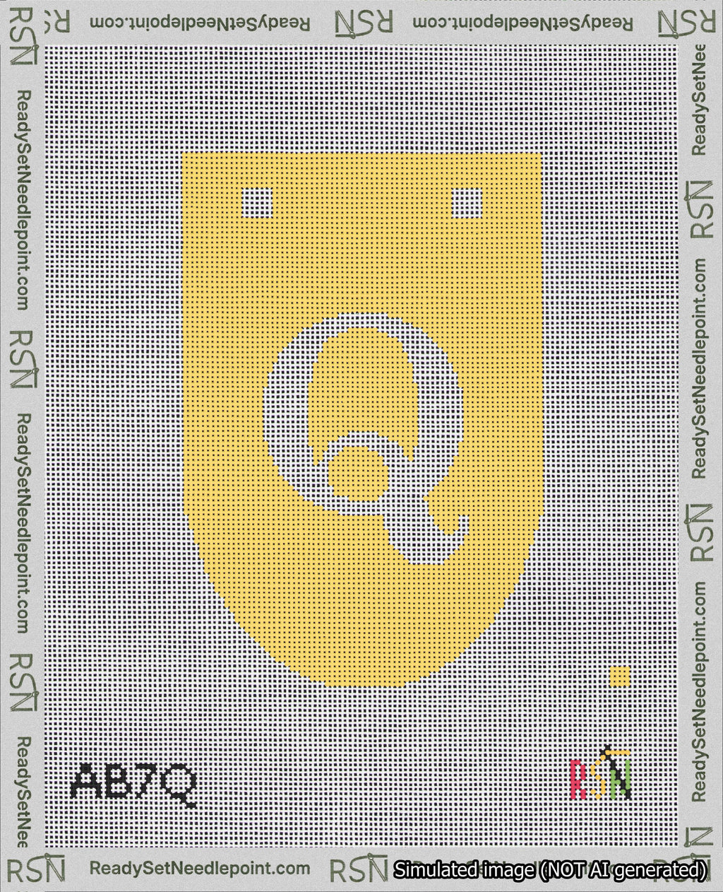 A taped needlepoint canvas with the design: Banner 18 mesh count Rounded Q White on Yellow.