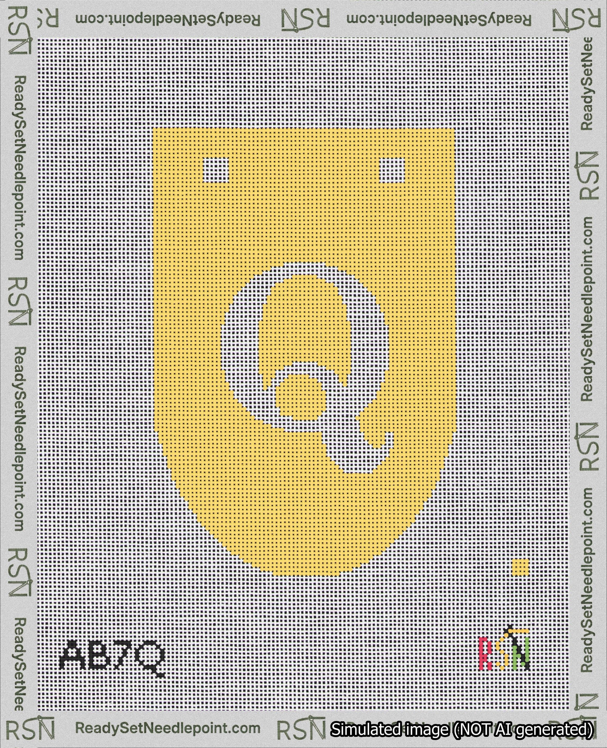 A taped needlepoint canvas with the design: Banner 18 mesh count Rounded Q White on Yellow.