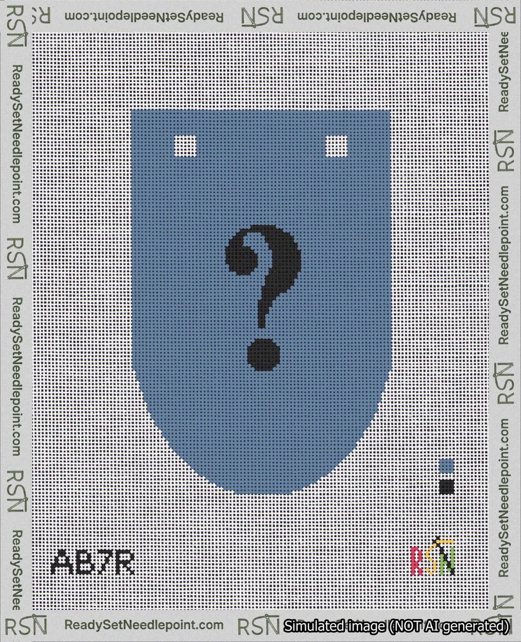 A taped needlepoint canvas with the design: Banner 18 mesh count Rounded Question Black on Blue.
