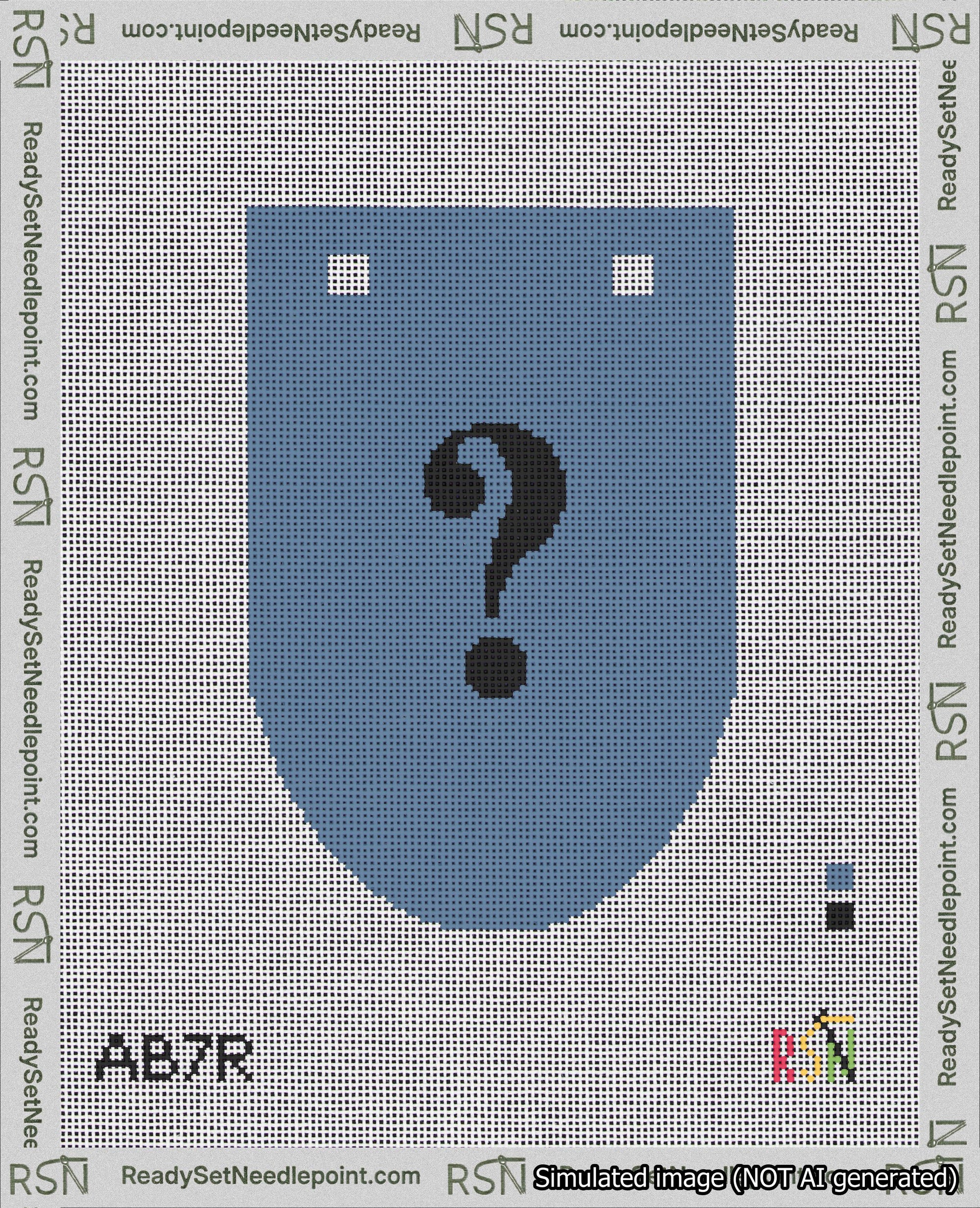 A taped needlepoint canvas with the design: Banner 18 mesh count Rounded Question Black on Blue.