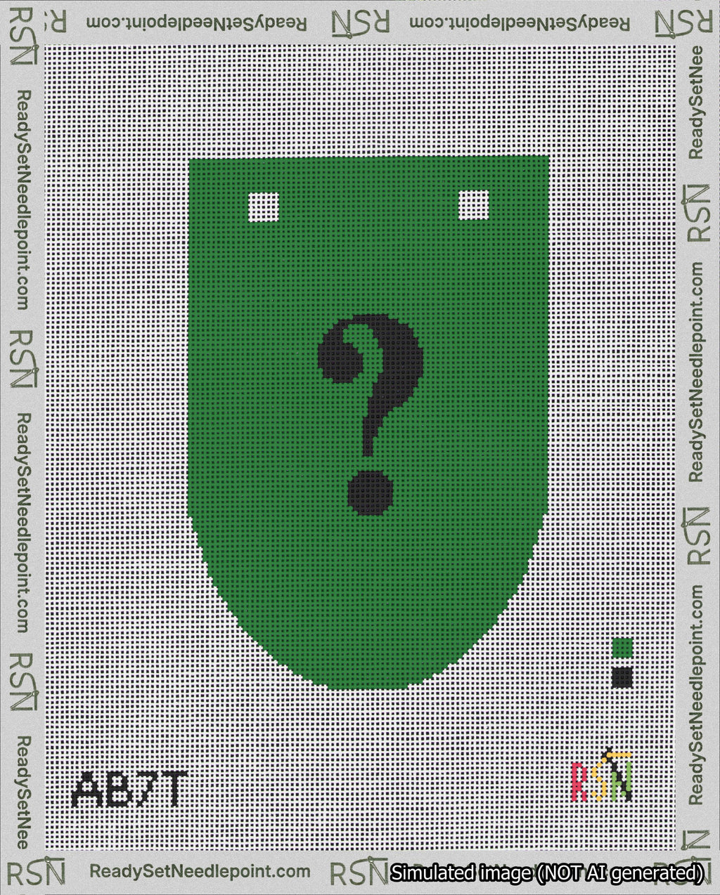 A taped needlepoint canvas with the design: Banner 18 mesh count Rounded Question Black on Green.