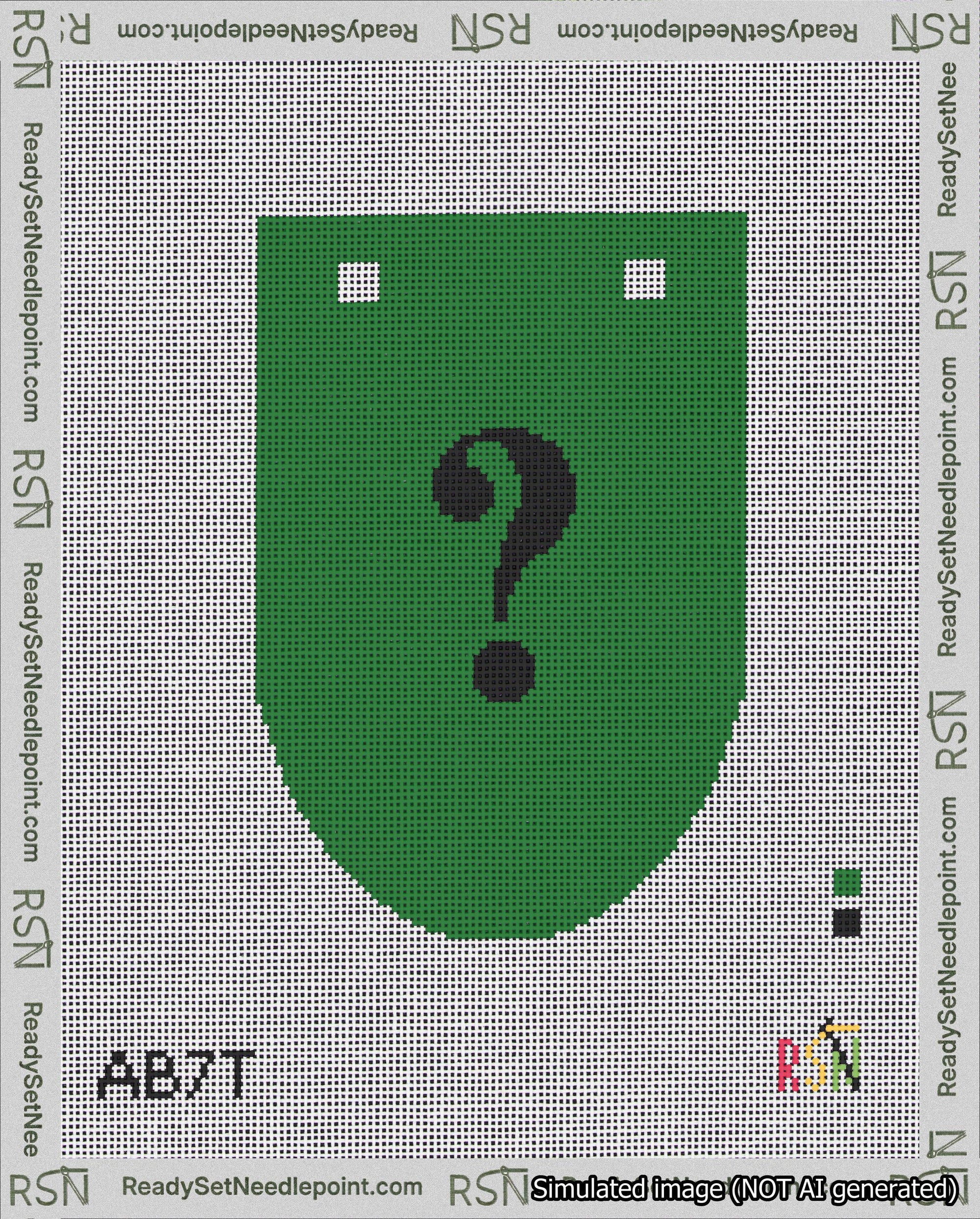 A taped needlepoint canvas with the design: Banner 18 mesh count Rounded Question Black on Green.