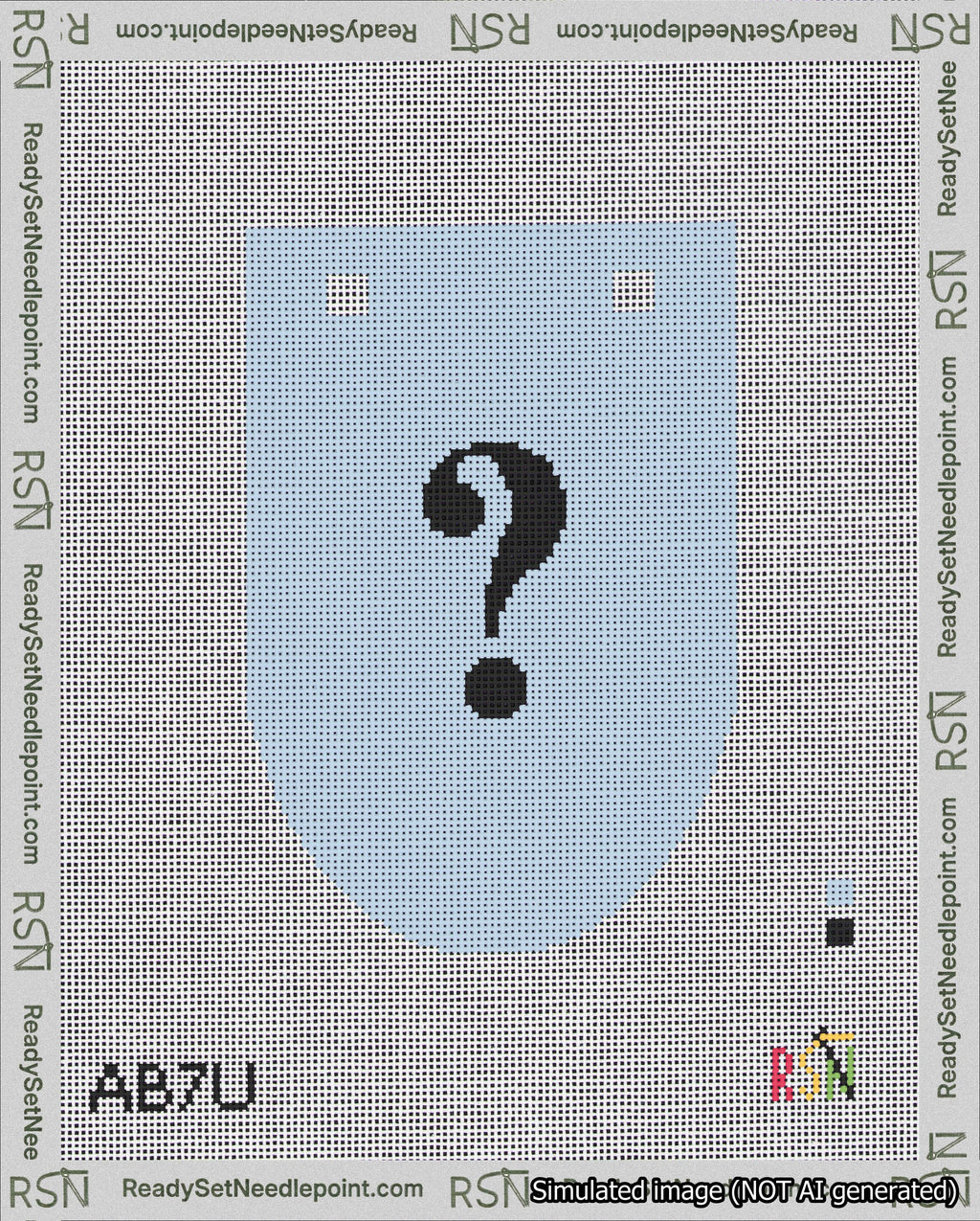 A taped needlepoint canvas with the design: Banner 18 mesh count Rounded Question Black on Light Blue.