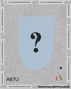 A taped needlepoint canvas with the design: Banner 18 mesh count Rounded Question Black on Light Blue.