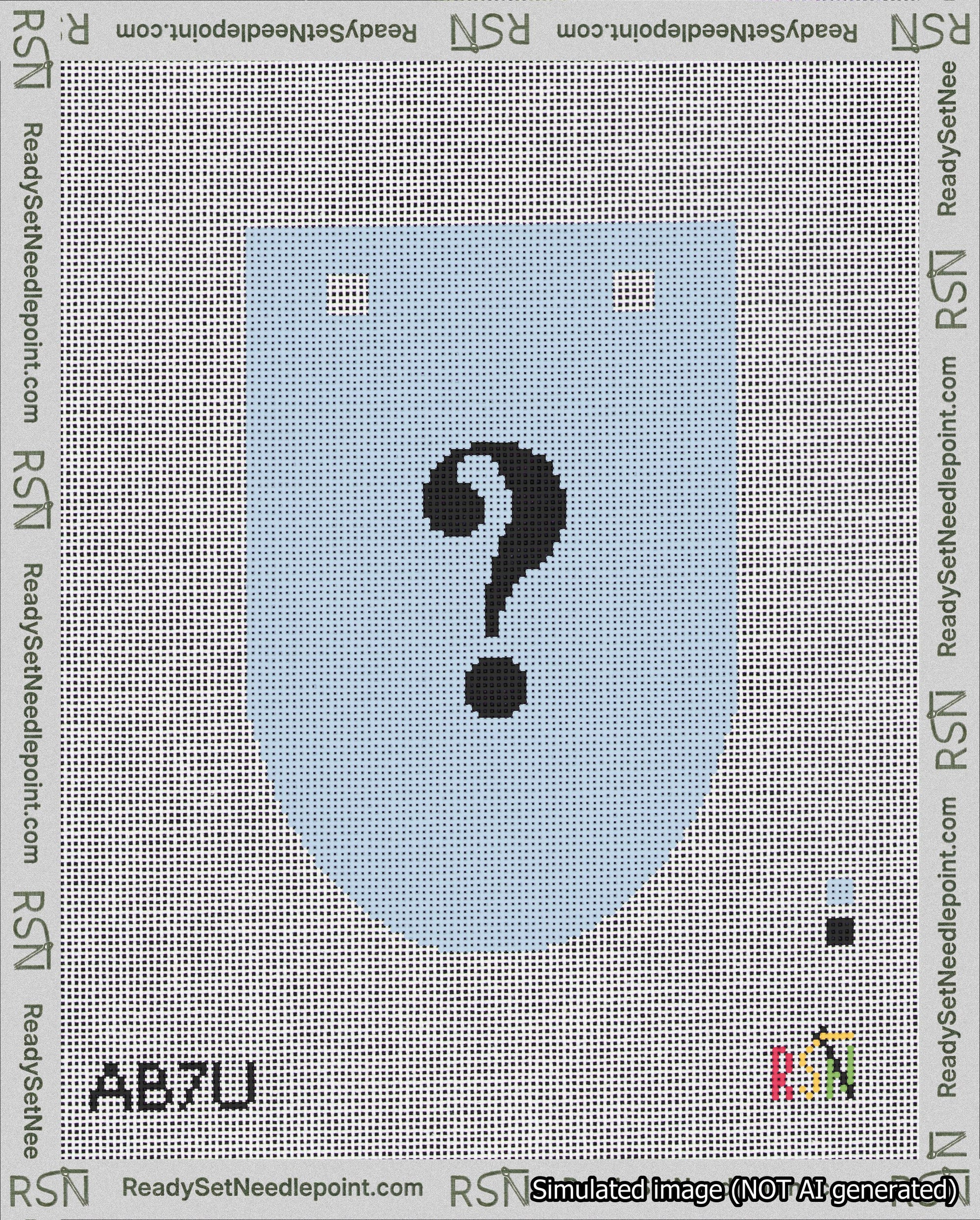 A taped needlepoint canvas with the design: Banner 18 mesh count Rounded Question Black on Light Blue.