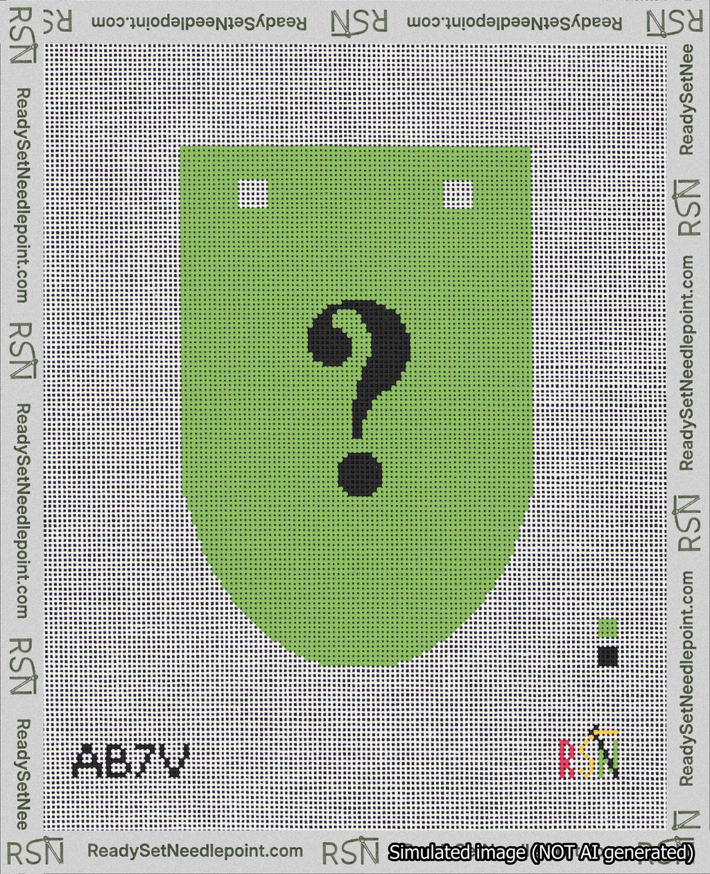 A taped needlepoint canvas with the design: Banner 18 mesh count Rounded Question Black on Light Green.