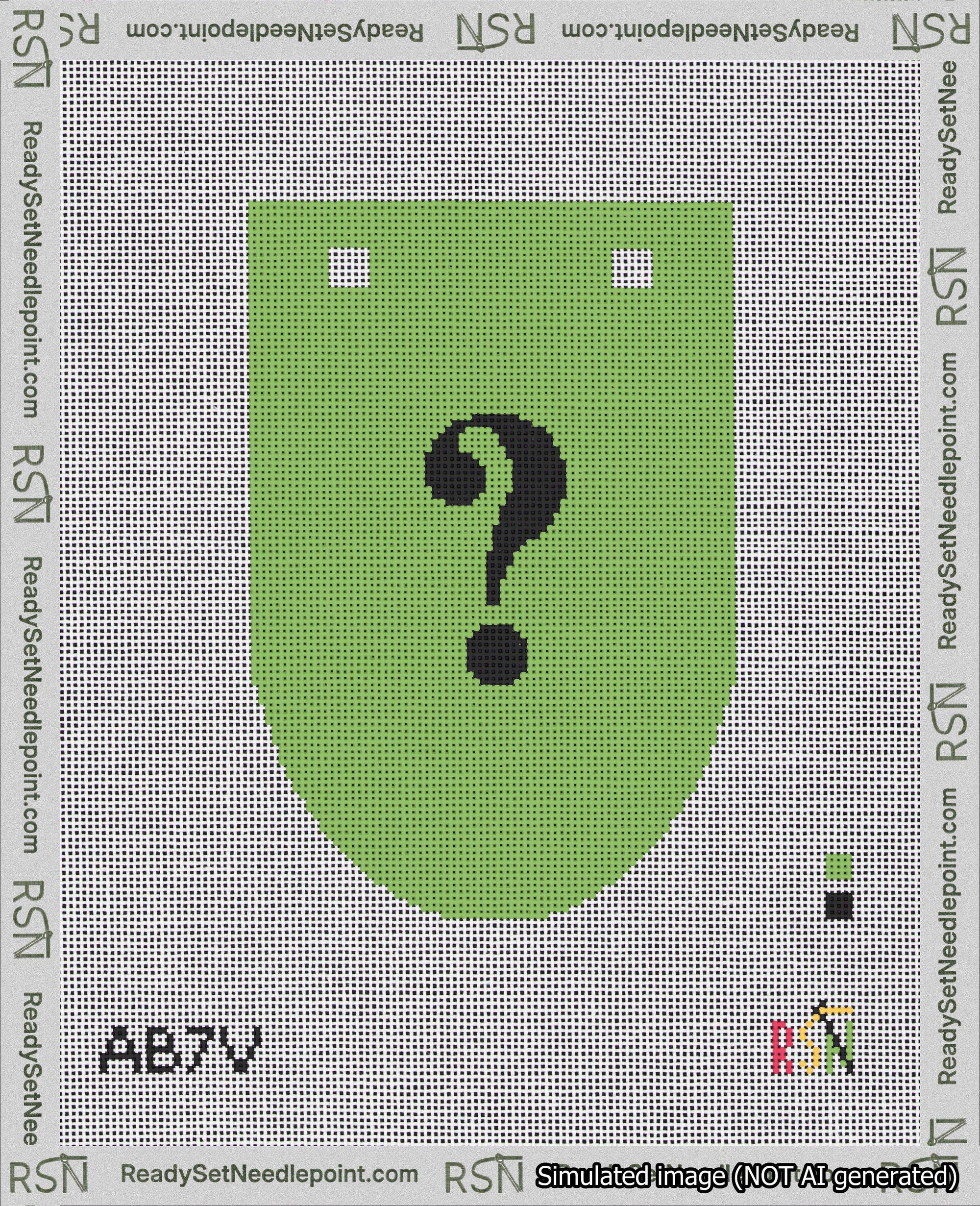 A taped needlepoint canvas with the design: Banner 18 mesh count Rounded Question Black on Light Green.
