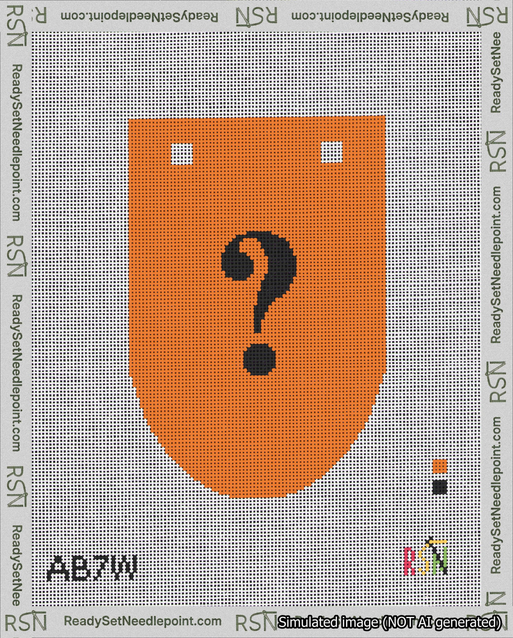 A taped needlepoint canvas with the design: Banner 18 mesh count Rounded Question Black on Orange.