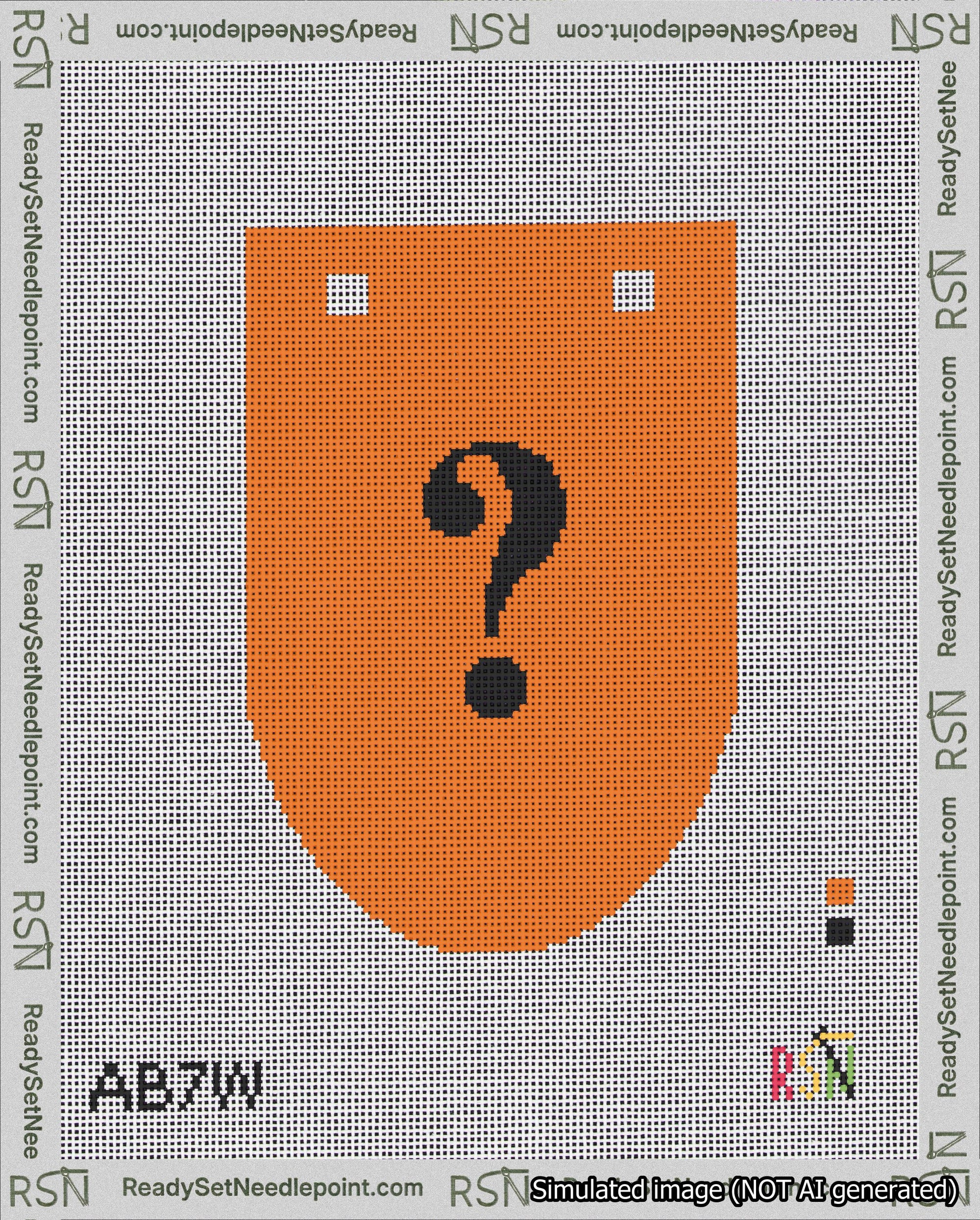 A taped needlepoint canvas with the design: Banner 18 mesh count Rounded Question Black on Orange.