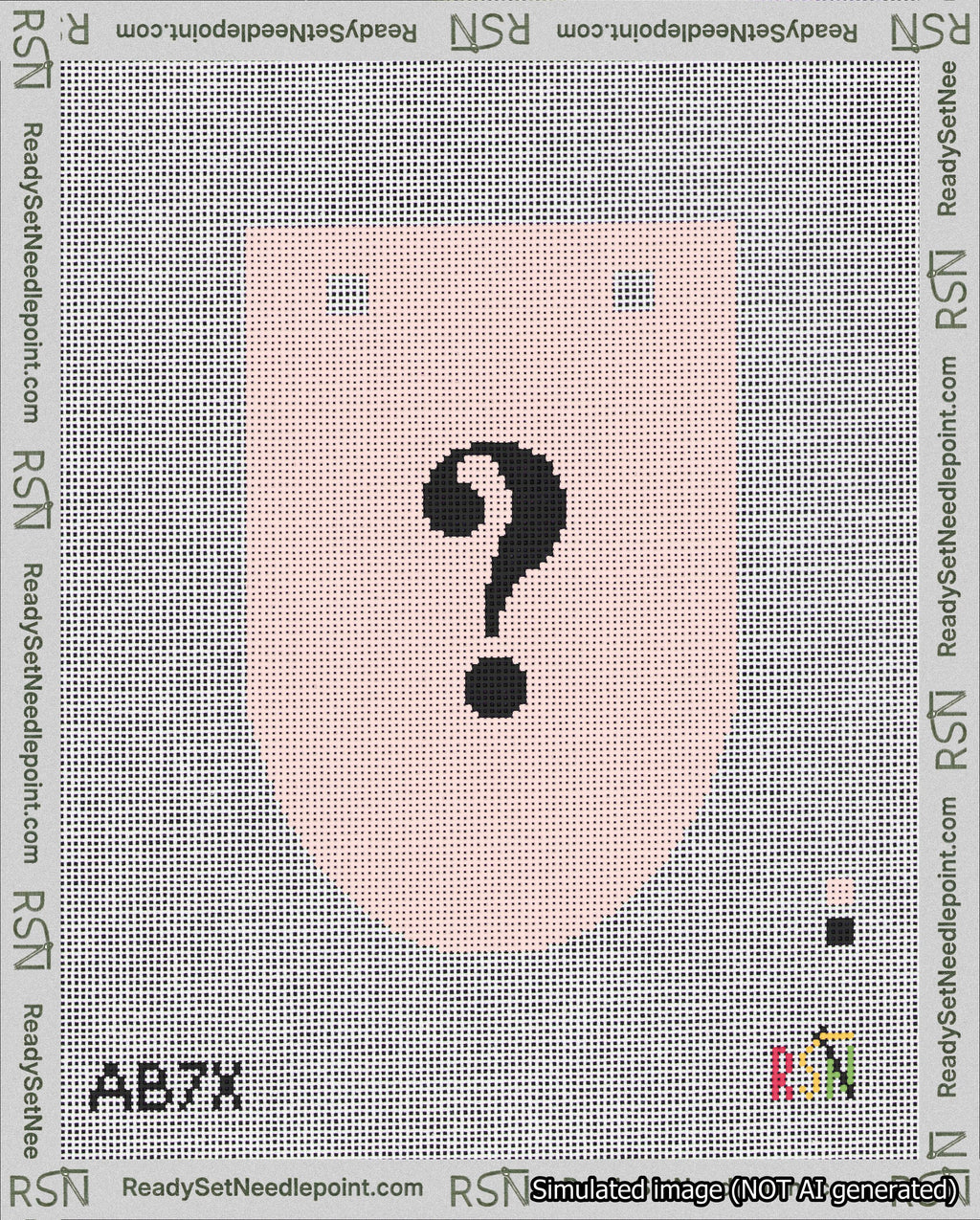A taped needlepoint canvas with the design: Banner 18 mesh count Rounded Question Black on Pink.