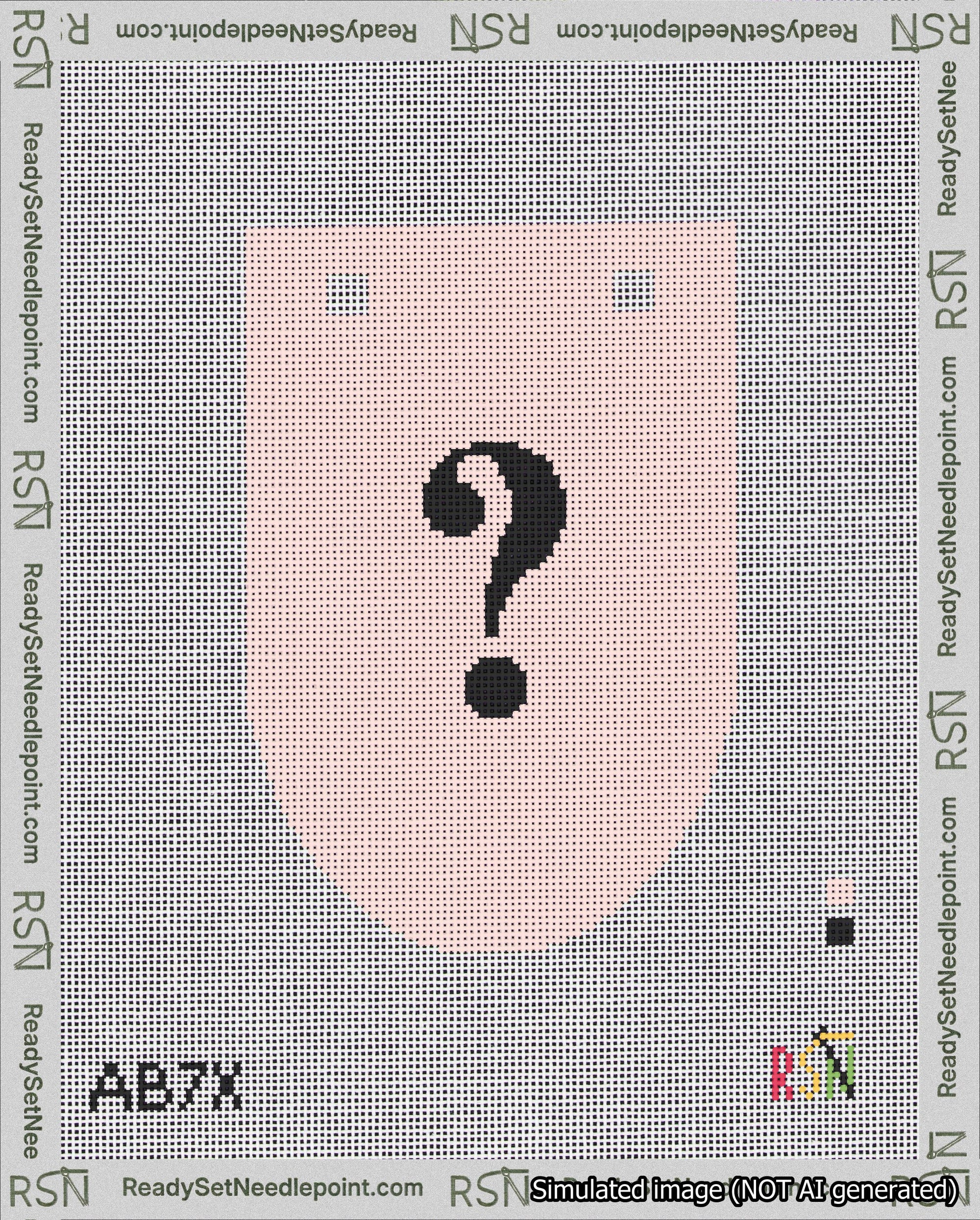 A taped needlepoint canvas with the design: Banner 18 mesh count Rounded Question Black on Pink.